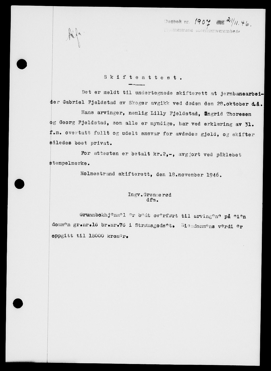 Holmestrand sorenskriveri, SAKO/A-67/G/Ga/Gaa/L0061: Pantebok nr. A-61, 1946-1947, Dagboknr: 1907/1946