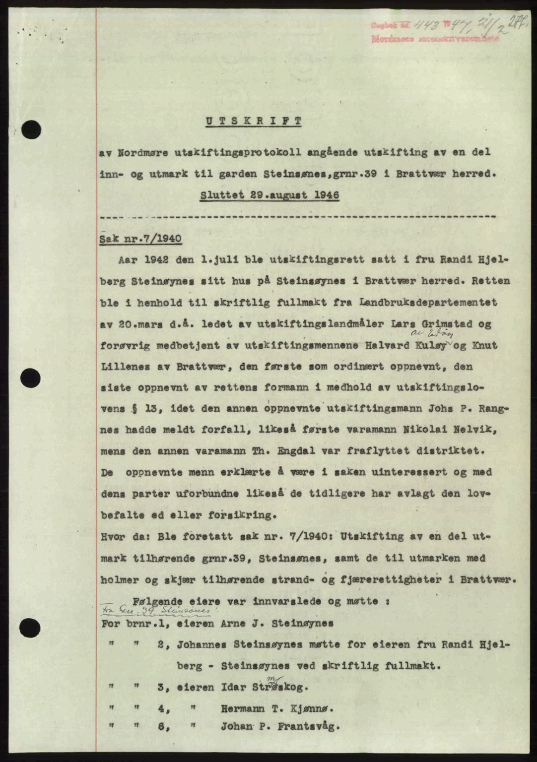 Nordmøre sorenskriveri, SAT/A-4132/1/2/2Ca: Pantebok nr. A104, 1947-1947, Dagboknr: 443/1947