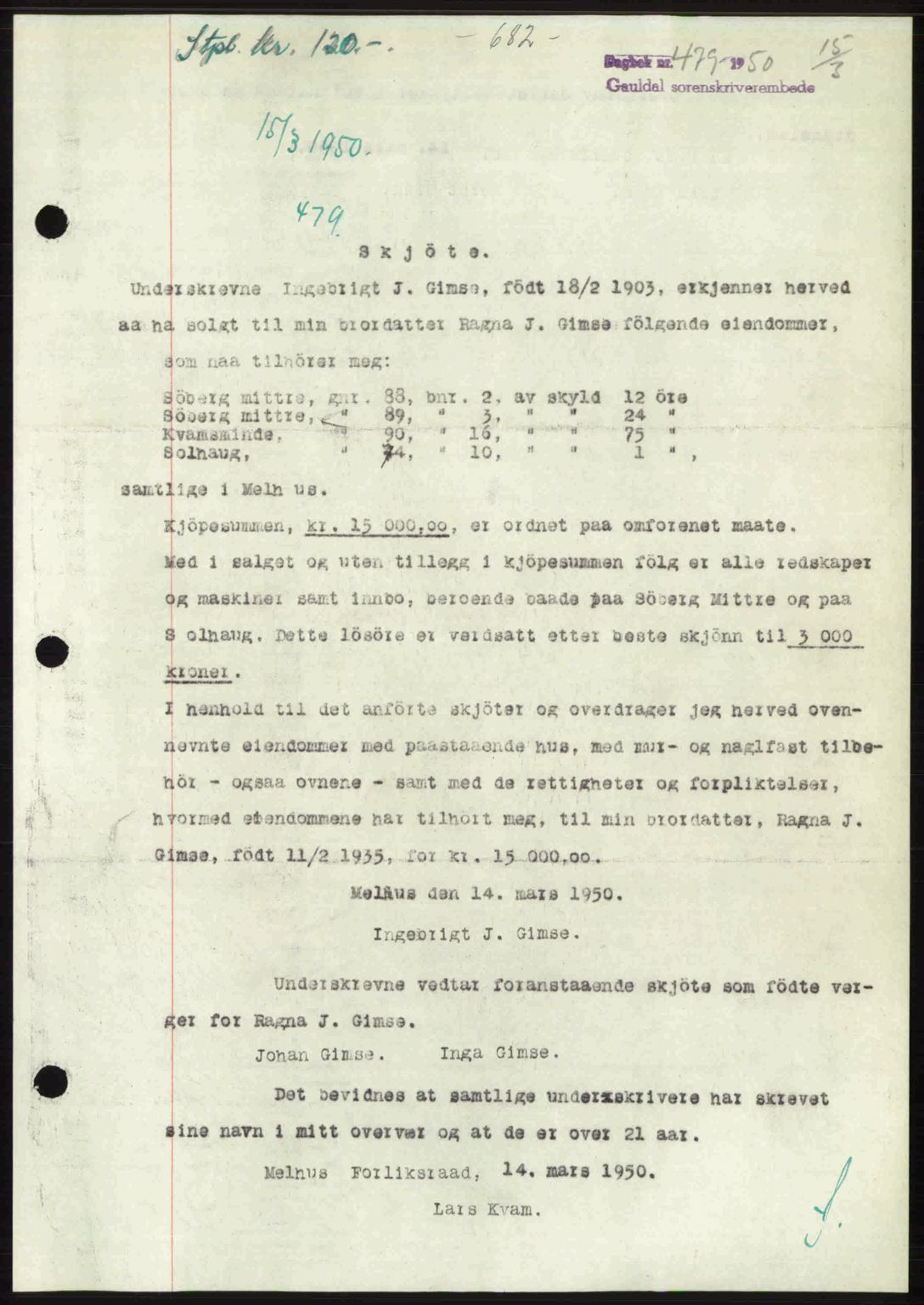 Gauldal sorenskriveri, SAT/A-0014/1/2/2C: Pantebok nr. A9, 1949-1950, Dagboknr: 479/1950