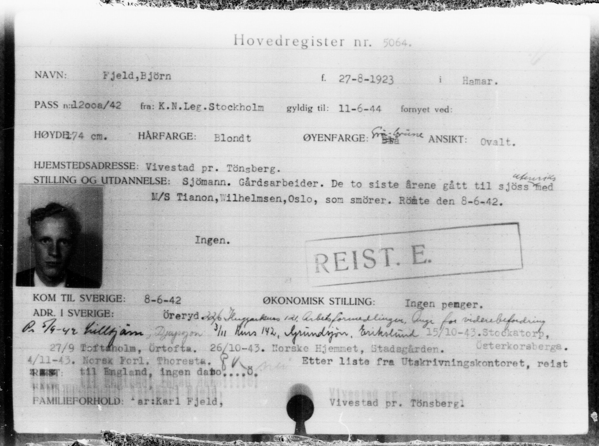 Utenriksstasjonene, Legasjonen i Stockholm, Flyktningkontoret, AV/RA-S-6753/V/Va/L0004: Kjesäterkartoteket, flyktninger med registreringsnr. 3496-6610, 1940-1945, s. 1854