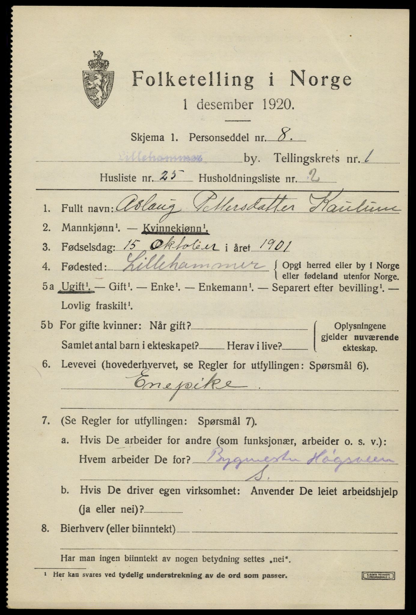 SAH, Folketelling 1920 for 0501 Lillehammer kjøpstad, 1920, s. 4136