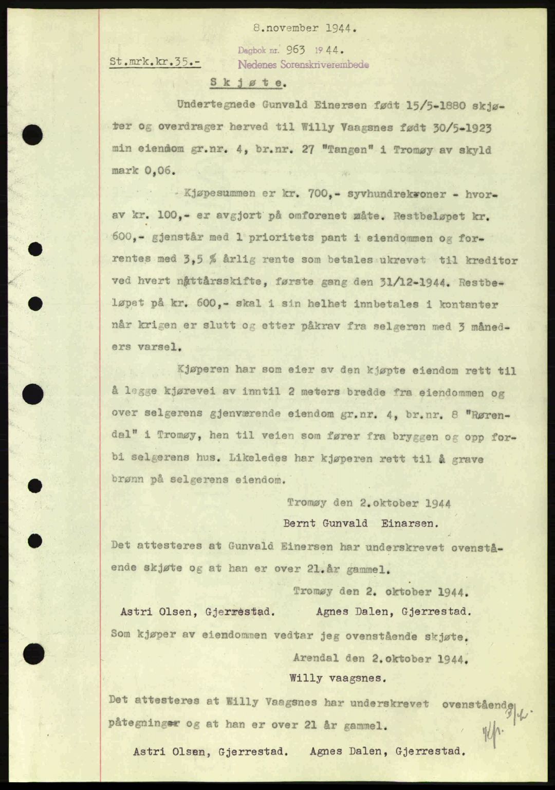 Nedenes sorenskriveri, SAK/1221-0006/G/Gb/Gba/L0052: Pantebok nr. A6a, 1944-1945, Dagboknr: 963/1944