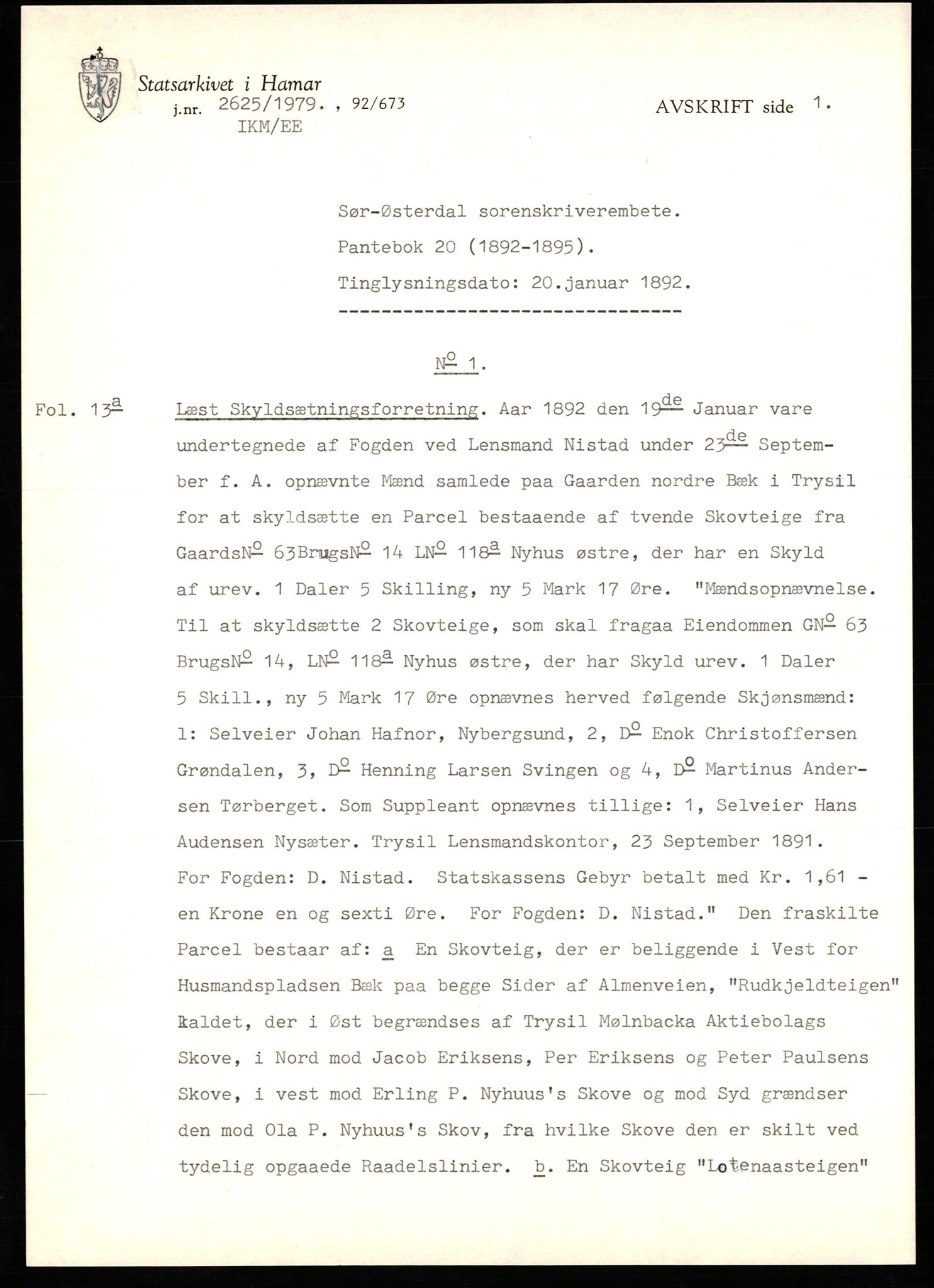 Avskriftssamlingen ved Statsarkivet i Hamar, AV/SAH-AVSKRIFT-001/H/Hr/Hra/L0020: Pantebok for Sør-Østerdal, 1892-1895