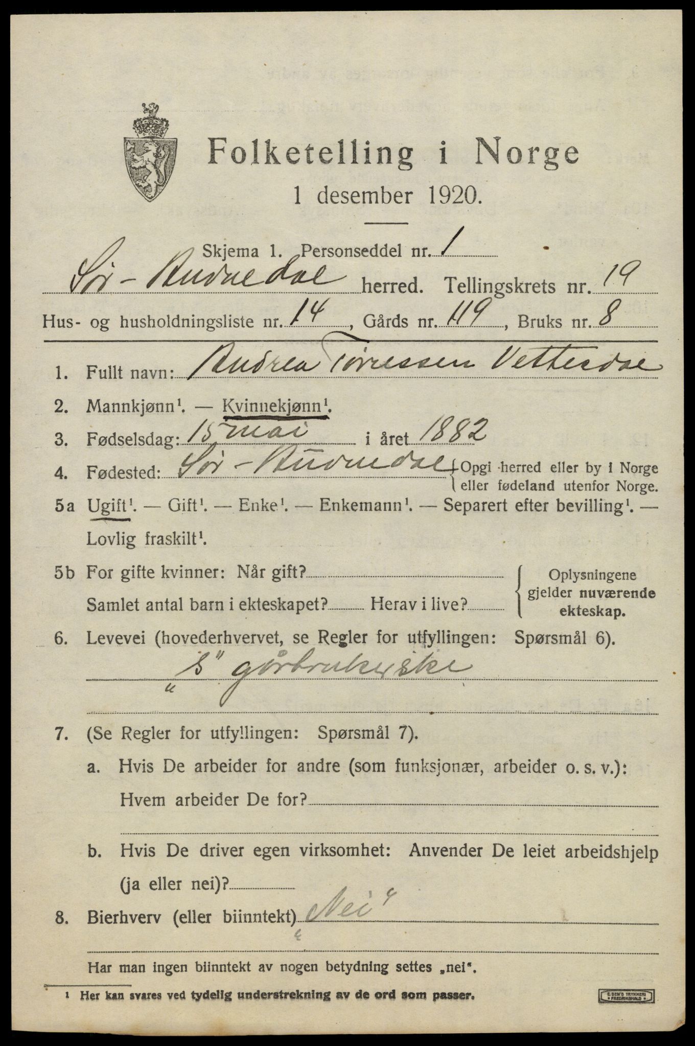 SAK, Folketelling 1920 for 1029 Sør-Audnedal herred, 1920, s. 6691