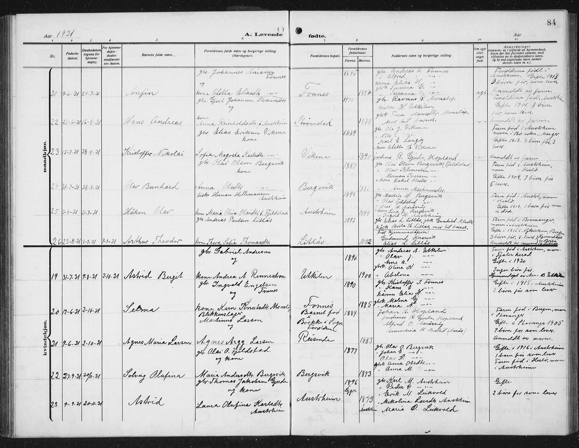 Lindås Sokneprestembete, AV/SAB-A-76701/H/Hab/Habc/L0005: Klokkerbok nr. C 5, 1910-1927, s. 84