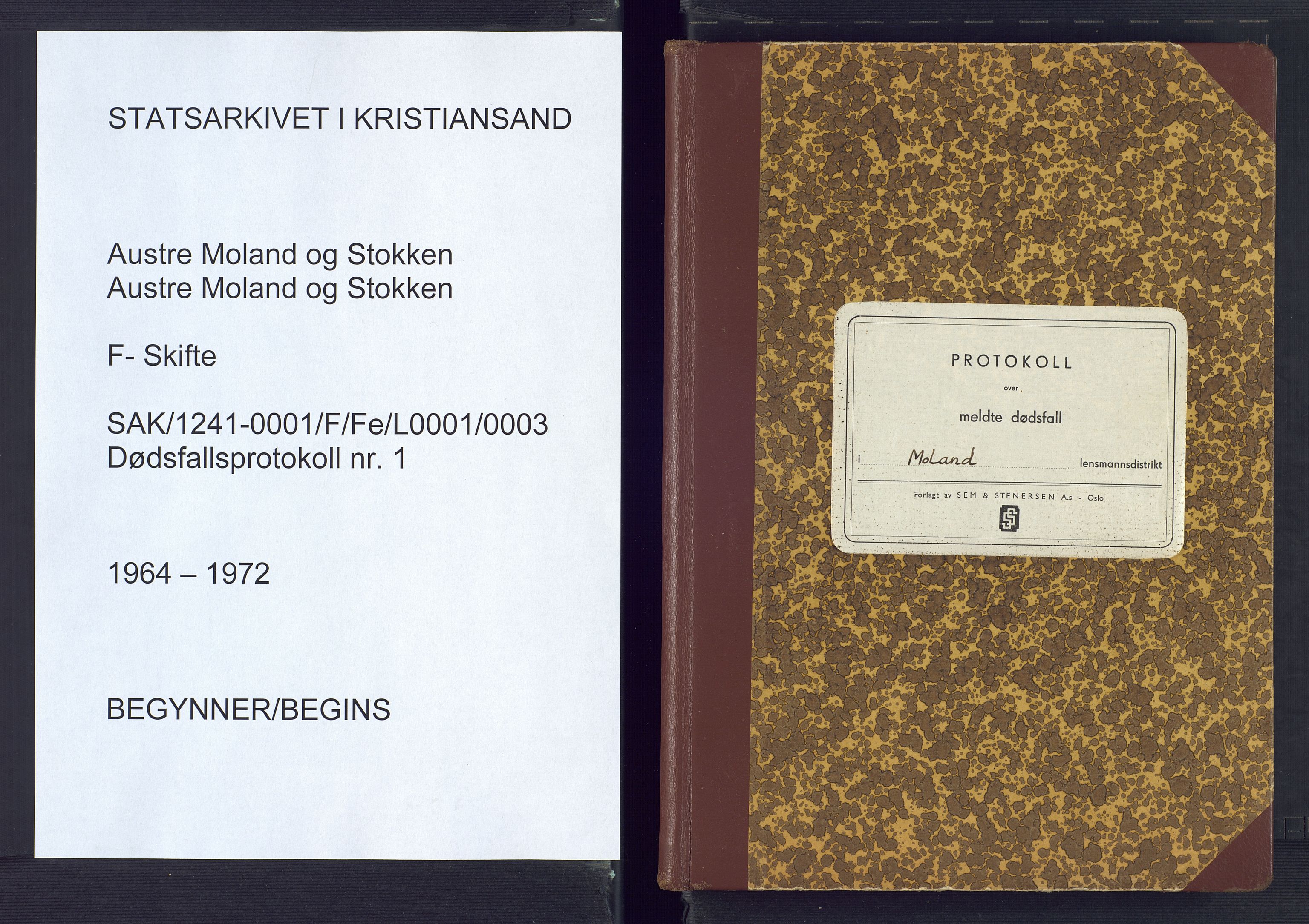Austre Moland og Stokken lensmannskontor, SAK/1241-0001/F/Fe/L0001/0003: Dødsfall / Dødsfallprotokoll, 1964-1972