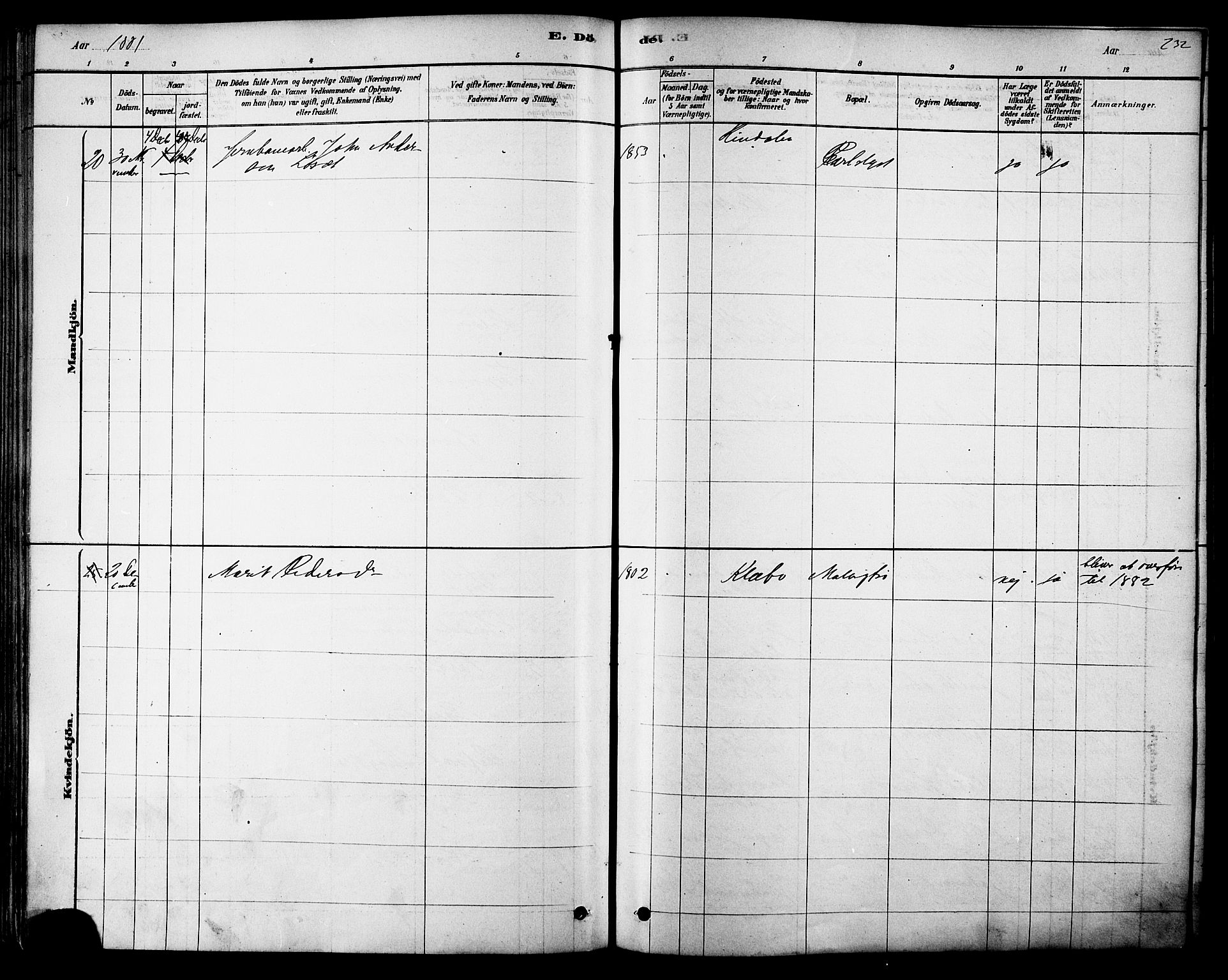 Ministerialprotokoller, klokkerbøker og fødselsregistre - Sør-Trøndelag, SAT/A-1456/616/L0410: Ministerialbok nr. 616A07, 1878-1893, s. 232