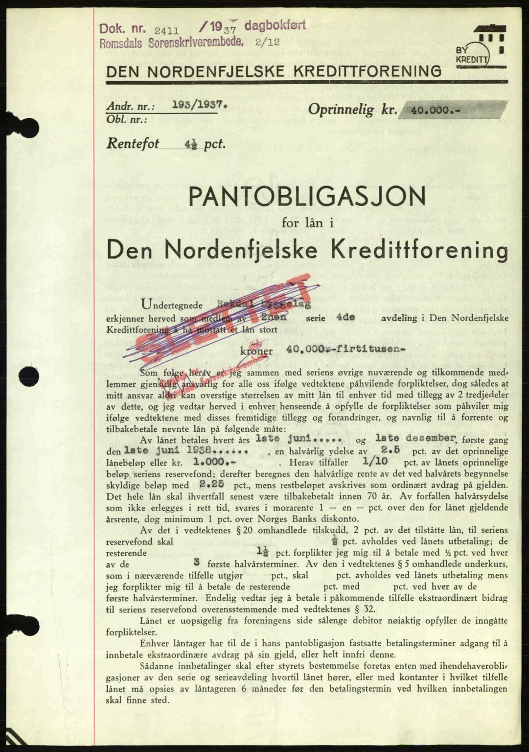 Romsdal sorenskriveri, SAT/A-4149/1/2/2C: Pantebok nr. B1, 1936-1939, Dagboknr: 2411/1937