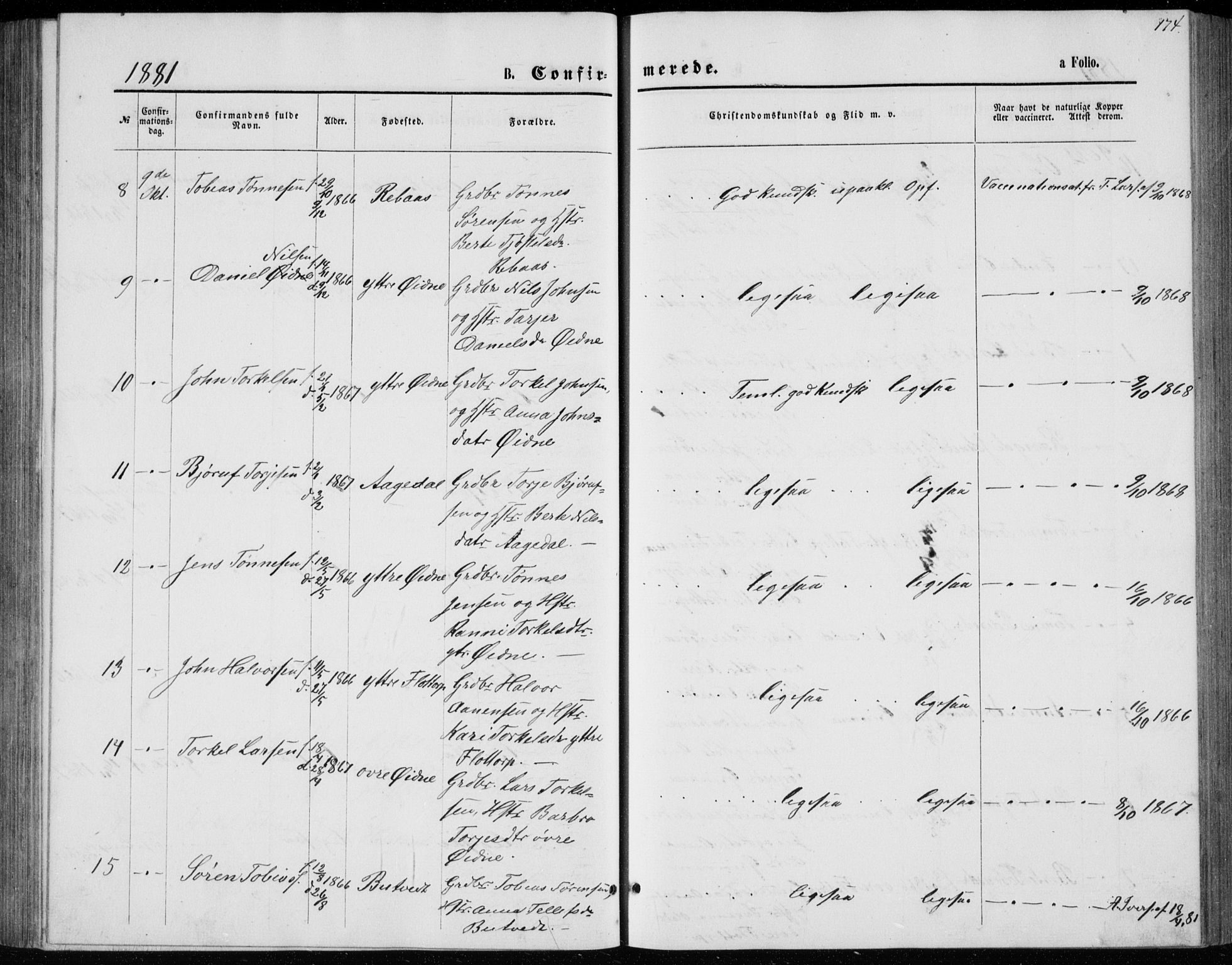 Bjelland sokneprestkontor, SAK/1111-0005/F/Fb/Fbc/L0002: Klokkerbok nr. B 2, 1867-1887, s. 174