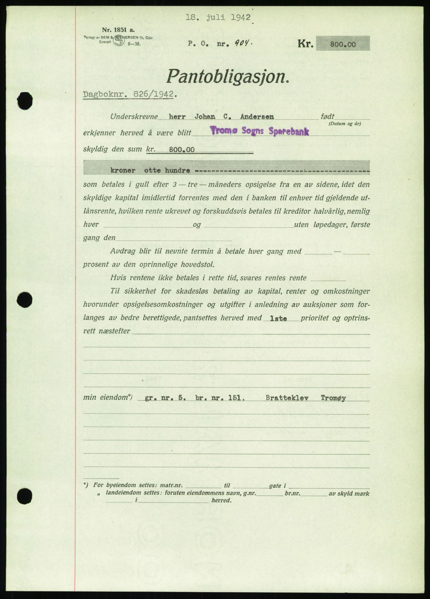 Nedenes sorenskriveri, SAK/1221-0006/G/Gb/Gbb/L0002: Pantebok nr. II, 1942-1945, Dagboknr: 826/1942