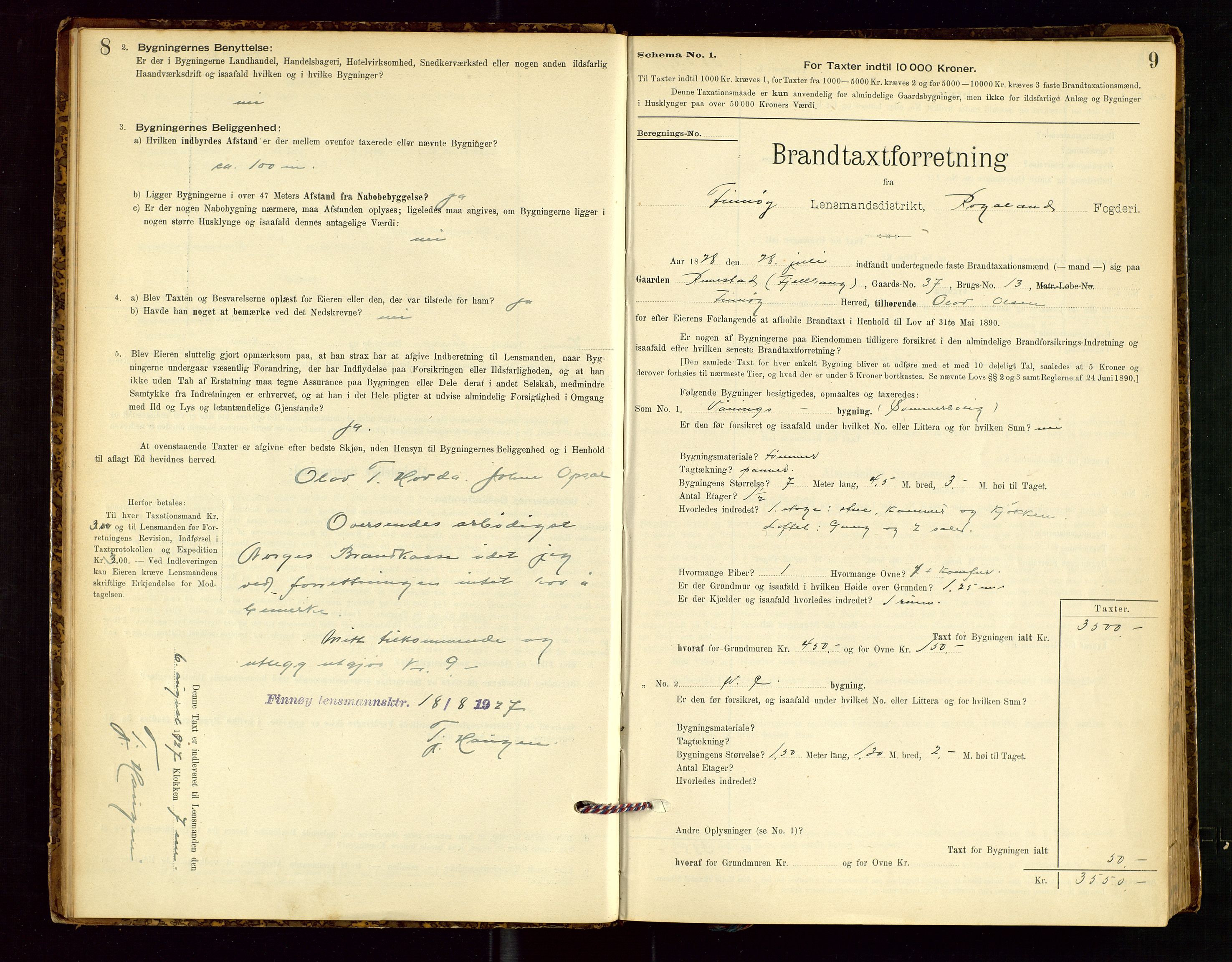 Finnøy lensmannskontor, SAST/A-100442/Goa/L0003: Branntakstprotokoll - skjemaprotokoll, 1896-1954, s. 8-9