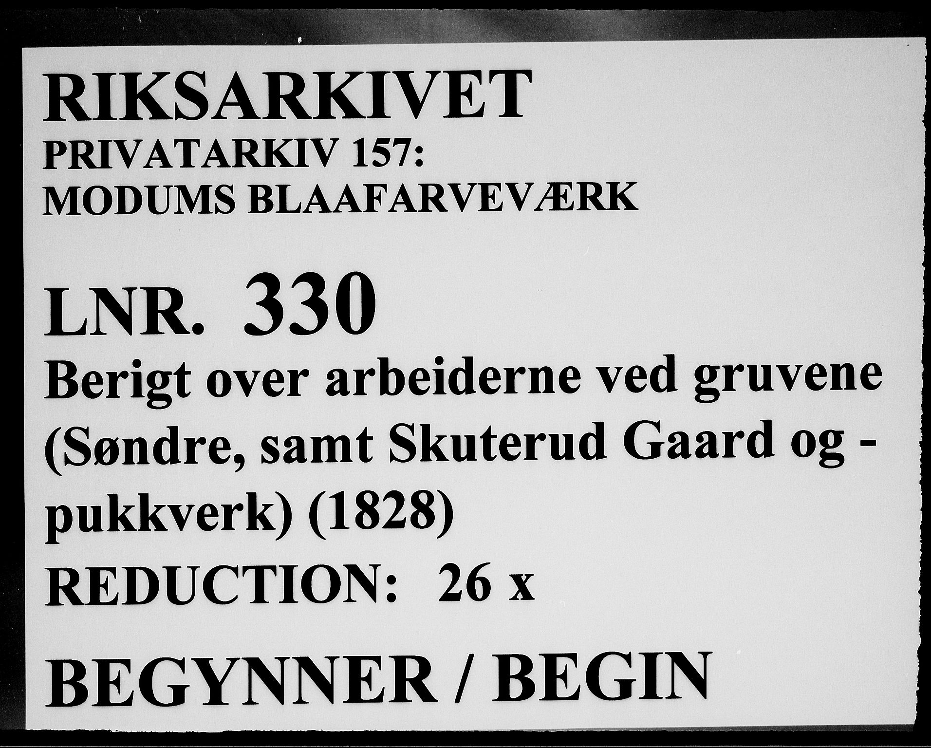 Modums Blaafarveværk, RA/PA-0157/G/Ge/L0330/0001: -- / Berigt over arbeiderne ved gruvene. Ført ukesvis. Berigt over Dagarbeidet paa Skuterud Gaard og ved Skuterud Pukverk, 1828, s. 1