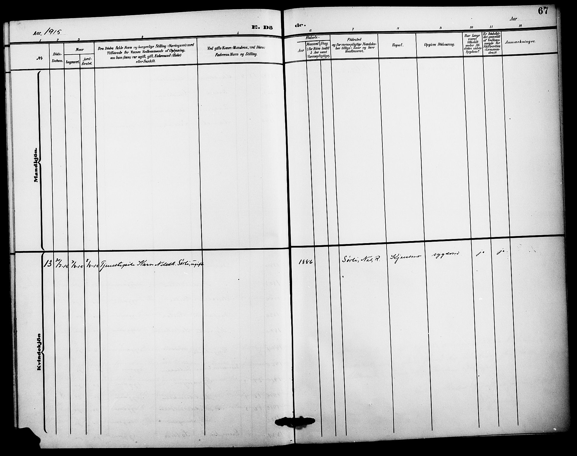 Sør-Odal prestekontor, AV/SAH-PREST-030/H/Ha/Hab/L0007: Klokkerbok nr. 7, 1907-1915, s. 67