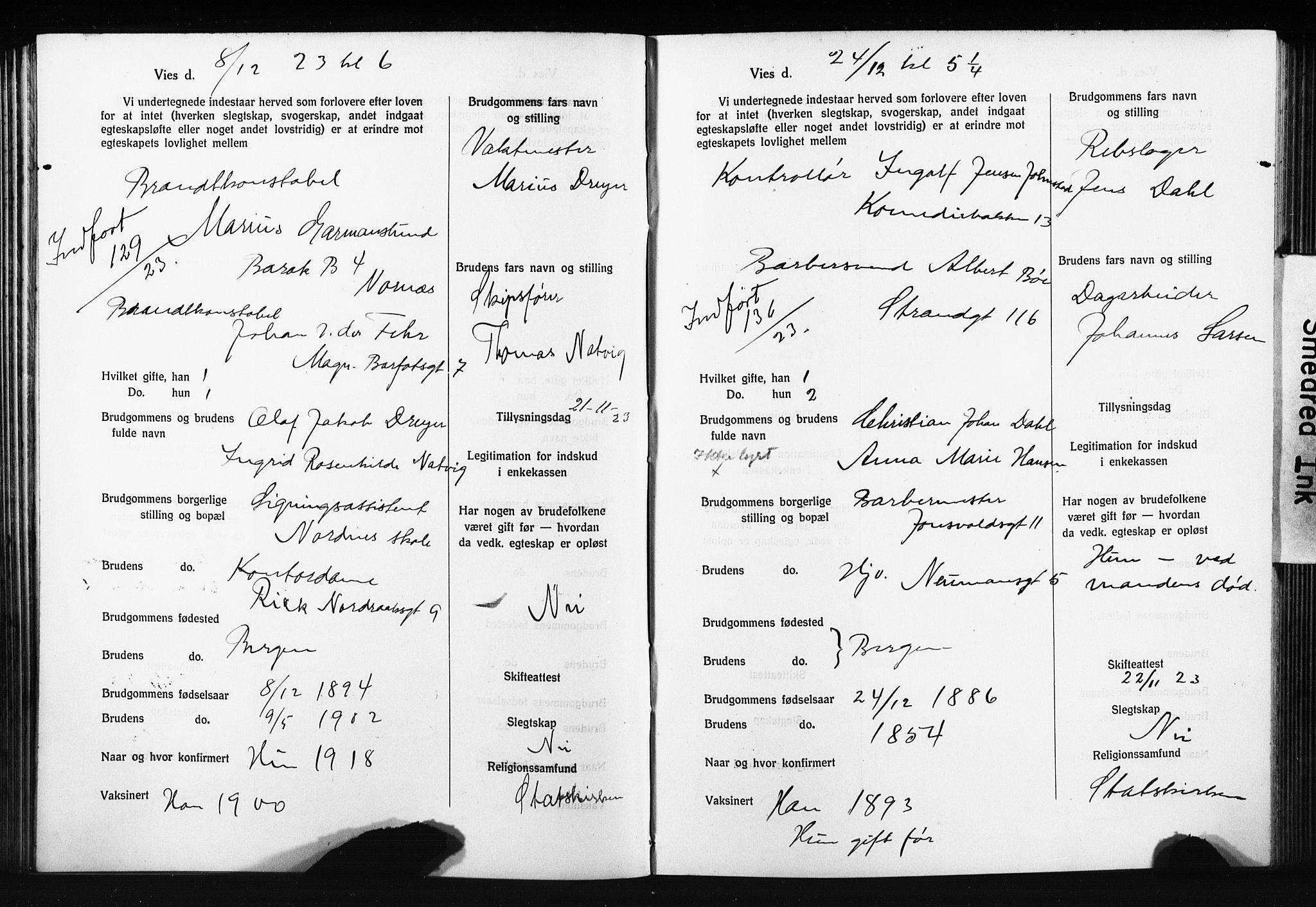 Domkirken sokneprestembete, AV/SAB-A-74801: Forlovererklæringer nr. II.5.14, 1922-1927, s. 94