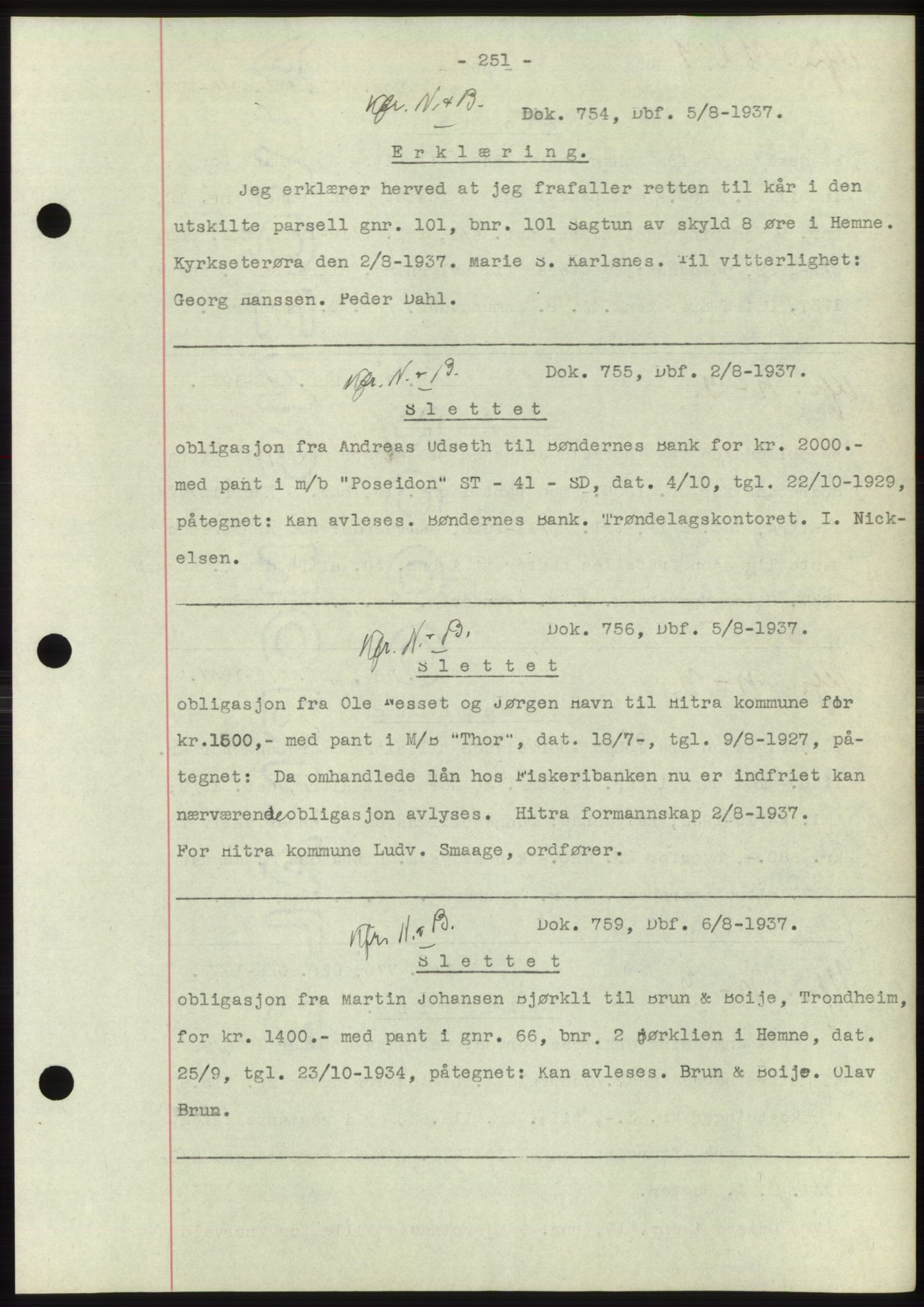 Hitra sorenskriveri, AV/SAT-A-0018/2/2C/2Ca: Pantebok nr. C1, 1936-1945, Dagboknr: 754/1937