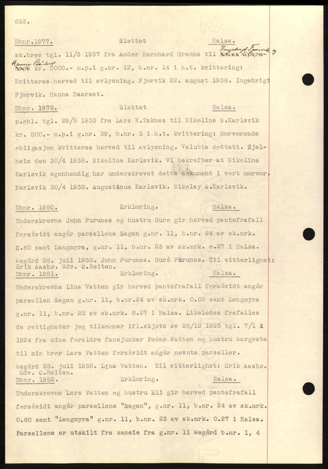 Nordmøre sorenskriveri, SAT/A-4132/1/2/2Ca: Pantebok nr. C80, 1936-1939, Dagboknr: 1977/1938