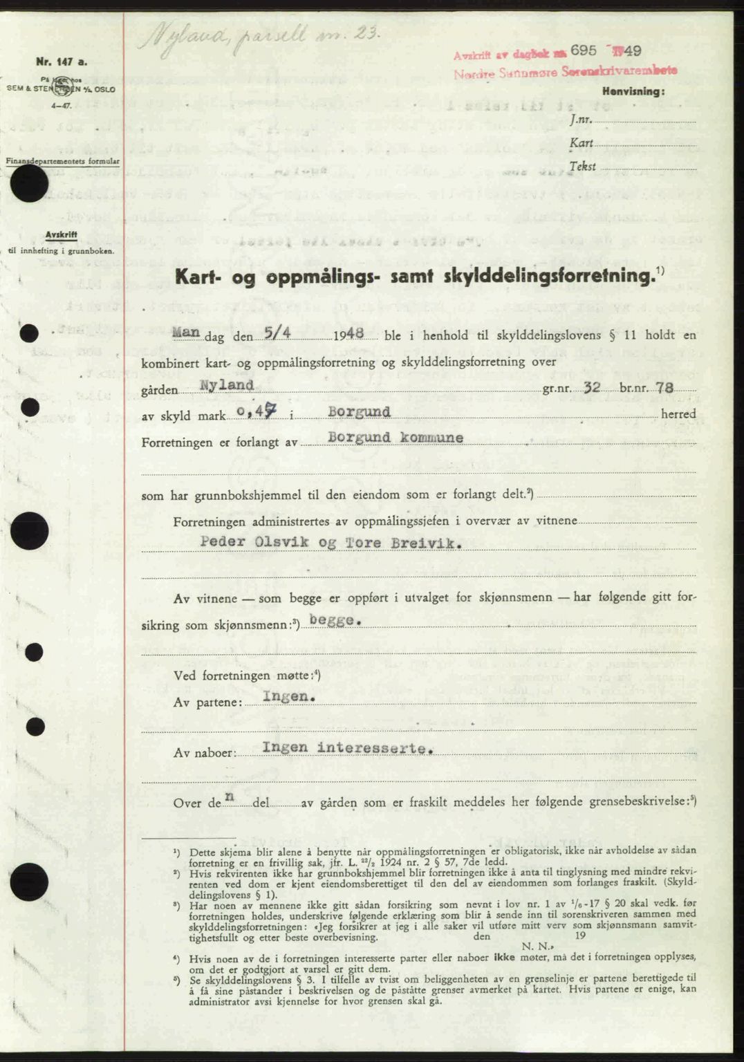 Nordre Sunnmøre sorenskriveri, SAT/A-0006/1/2/2C/2Ca: Pantebok nr. A30, 1949-1949, Dagboknr: 695/1949
