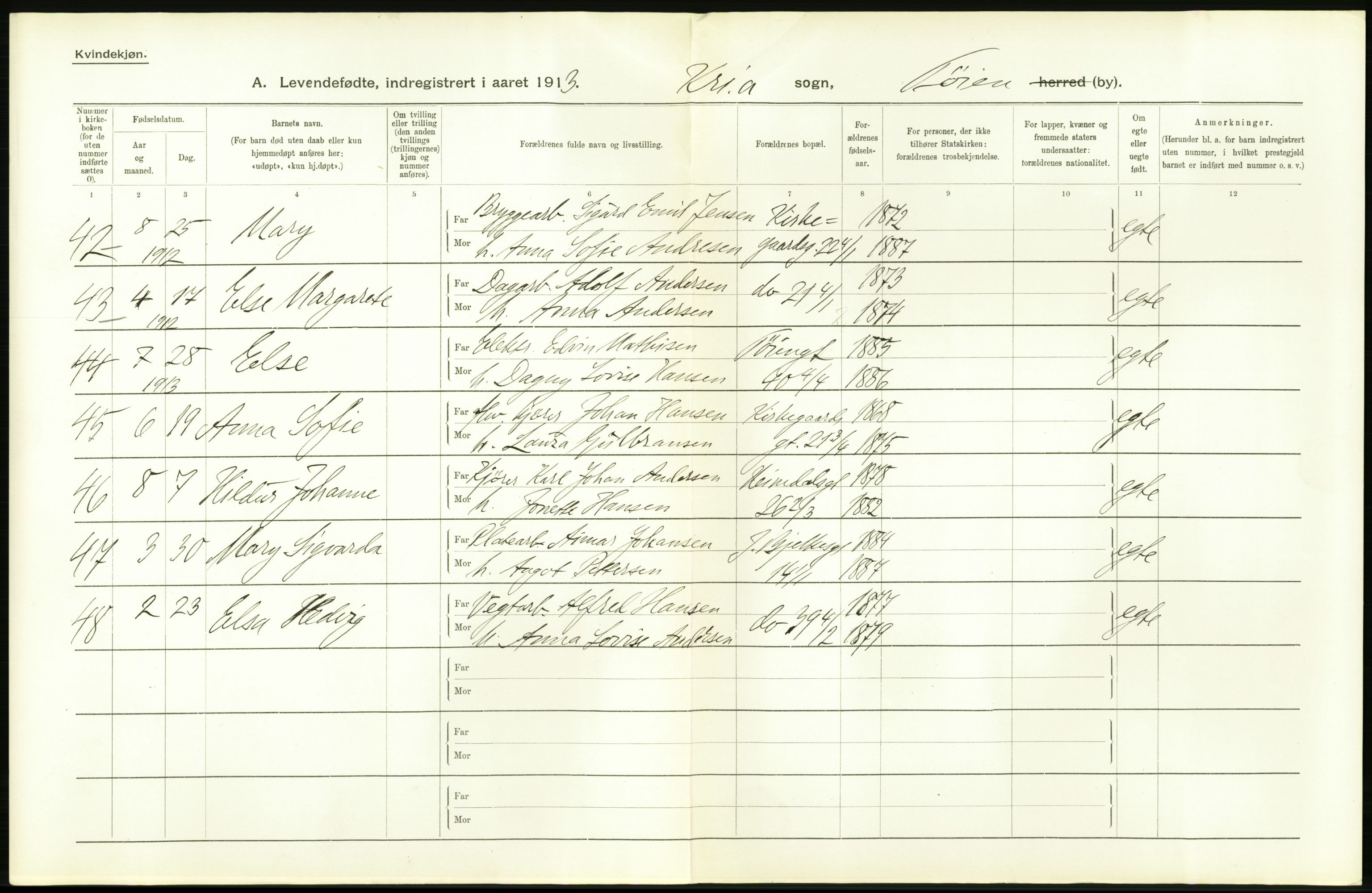 Statistisk sentralbyrå, Sosiodemografiske emner, Befolkning, AV/RA-S-2228/D/Df/Dfb/Dfbc/L0007: Kristiania: Levendefødte menn og kvinner., 1913, s. 584