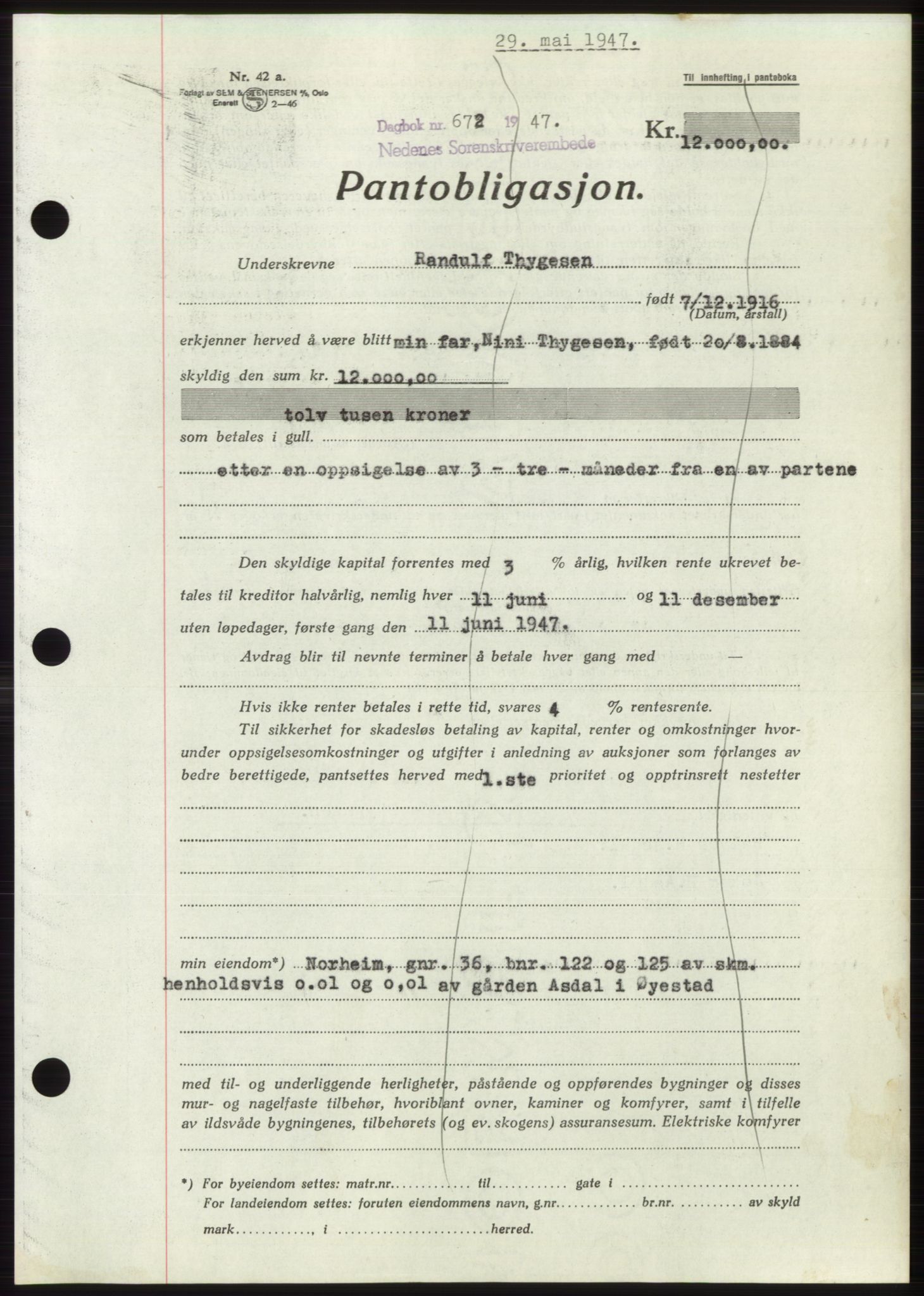 Nedenes sorenskriveri, SAK/1221-0006/G/Gb/Gbb/L0004: Pantebok nr. B4, 1947-1947, Dagboknr: 672/1947