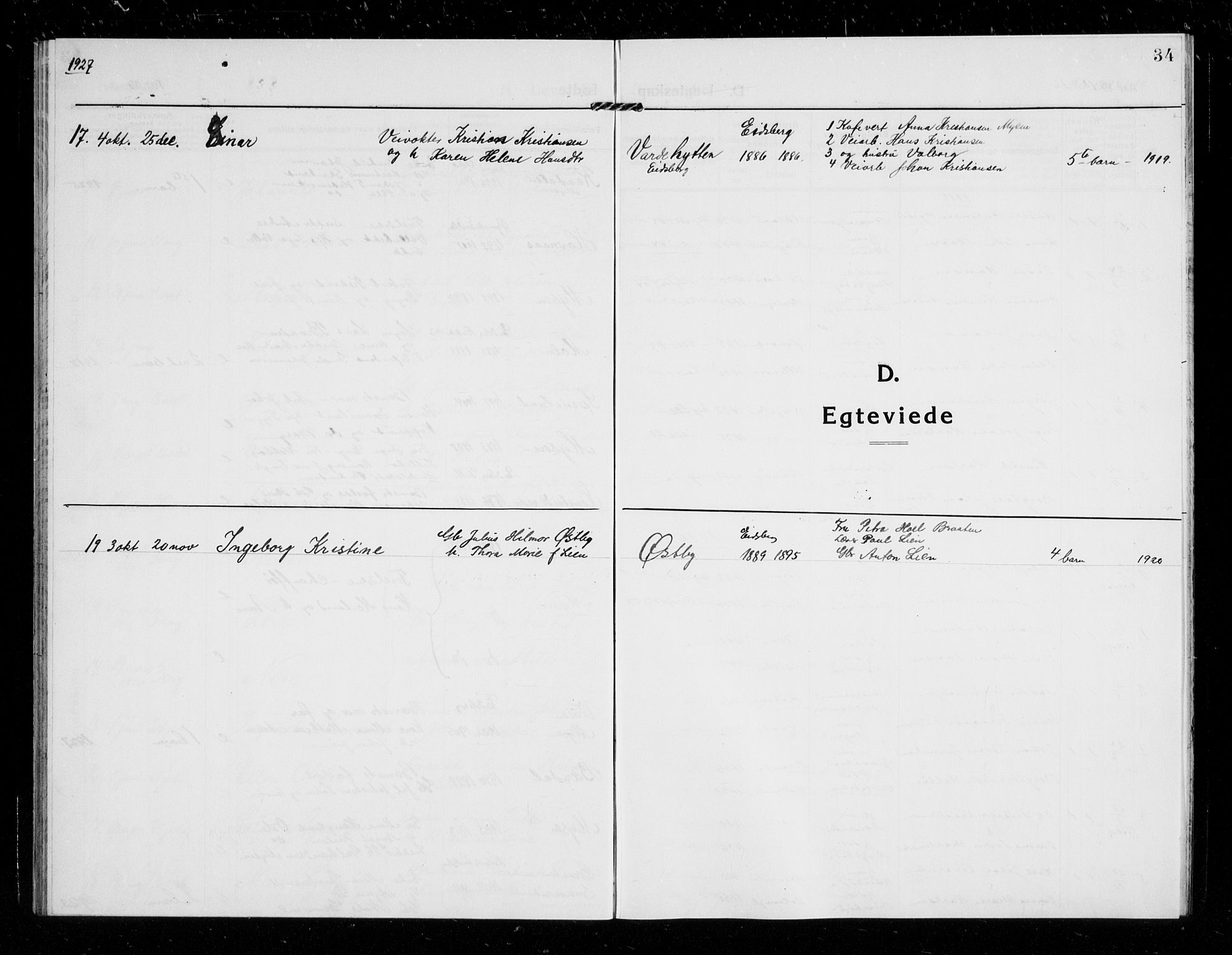 Eidsberg prestekontor Kirkebøker, SAO/A-10905/G/Gb/L0002: Klokkerbok nr. II 2, 1915-1927, s. 34