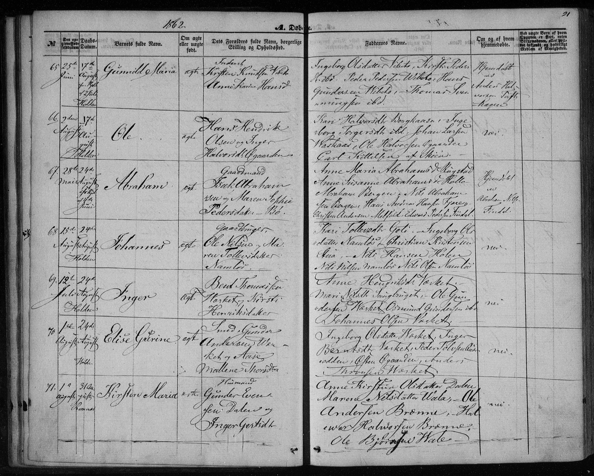 Holla kirkebøker, AV/SAKO-A-272/F/Fa/L0006: Ministerialbok nr. 6, 1861-1869, s. 21