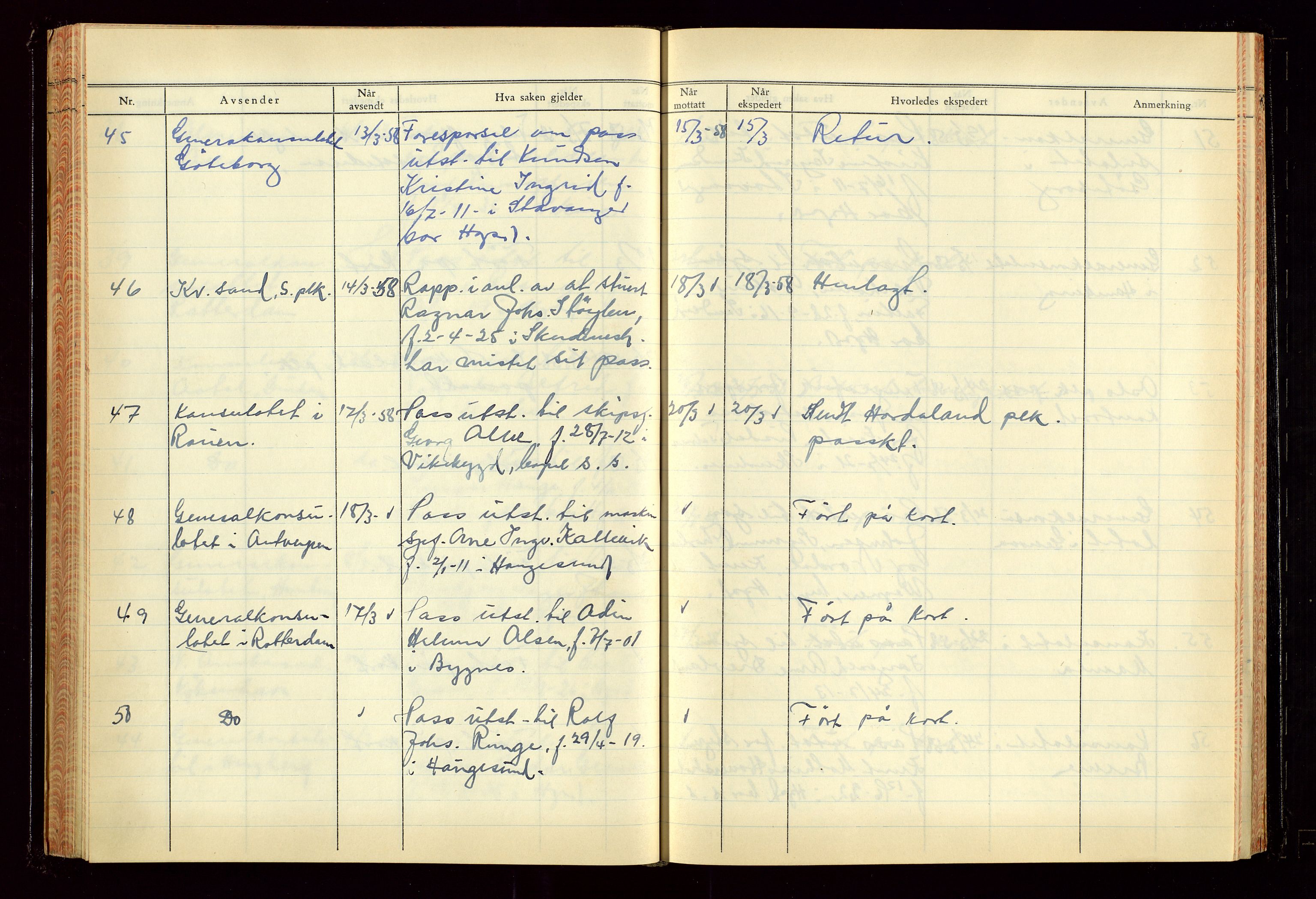 Haugesund politikammer, AV/SAST-A-100440/K/L0007: Passjournal (16 12 53-07 1065), 1953-1965, s. 89