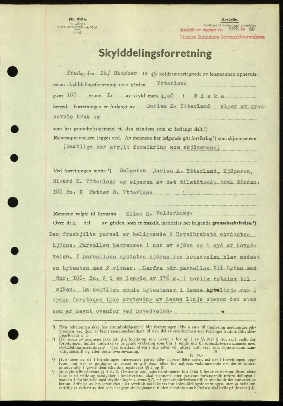 Nordre Sunnmøre sorenskriveri, SAT/A-0006/1/2/2C/2Ca: Pantebok nr. A20a, 1945-1945, Dagboknr: 886/1945