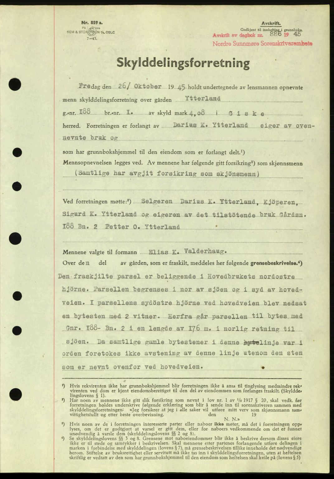 Nordre Sunnmøre sorenskriveri, AV/SAT-A-0006/1/2/2C/2Ca: Pantebok nr. A20a, 1945-1945, Dagboknr: 886/1945