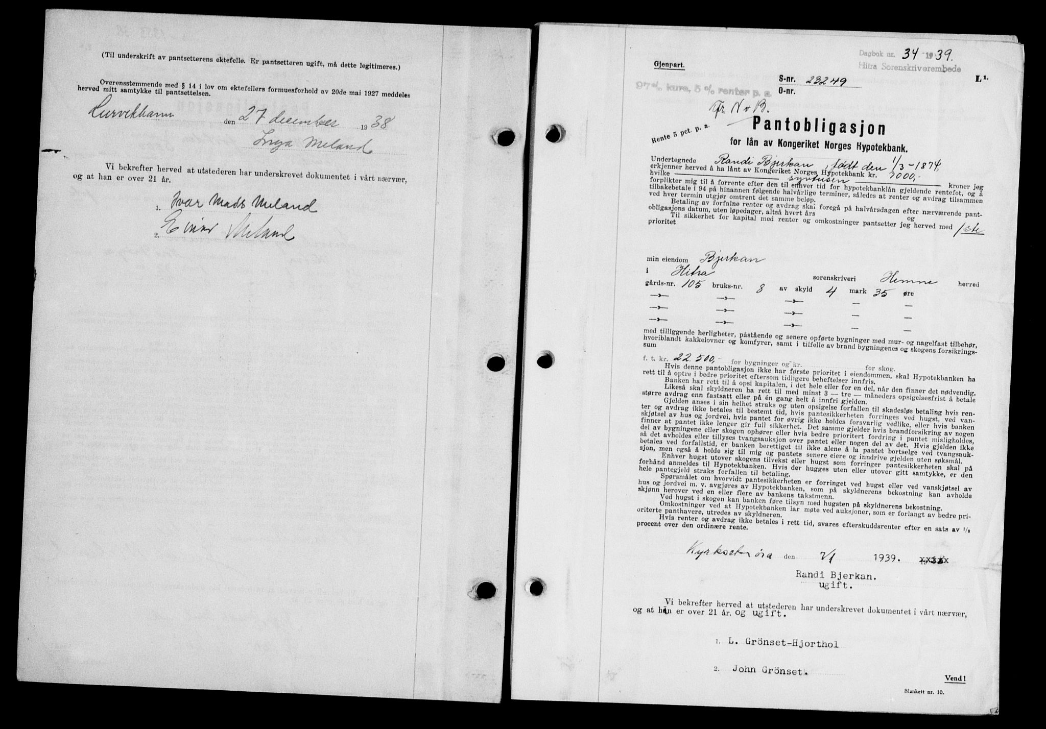 Hitra sorenskriveri, AV/SAT-A-0018/2/2C/2Ca/L0028: Pantebok nr. B-1, 1936-1939, Dagboknr: 34/1939