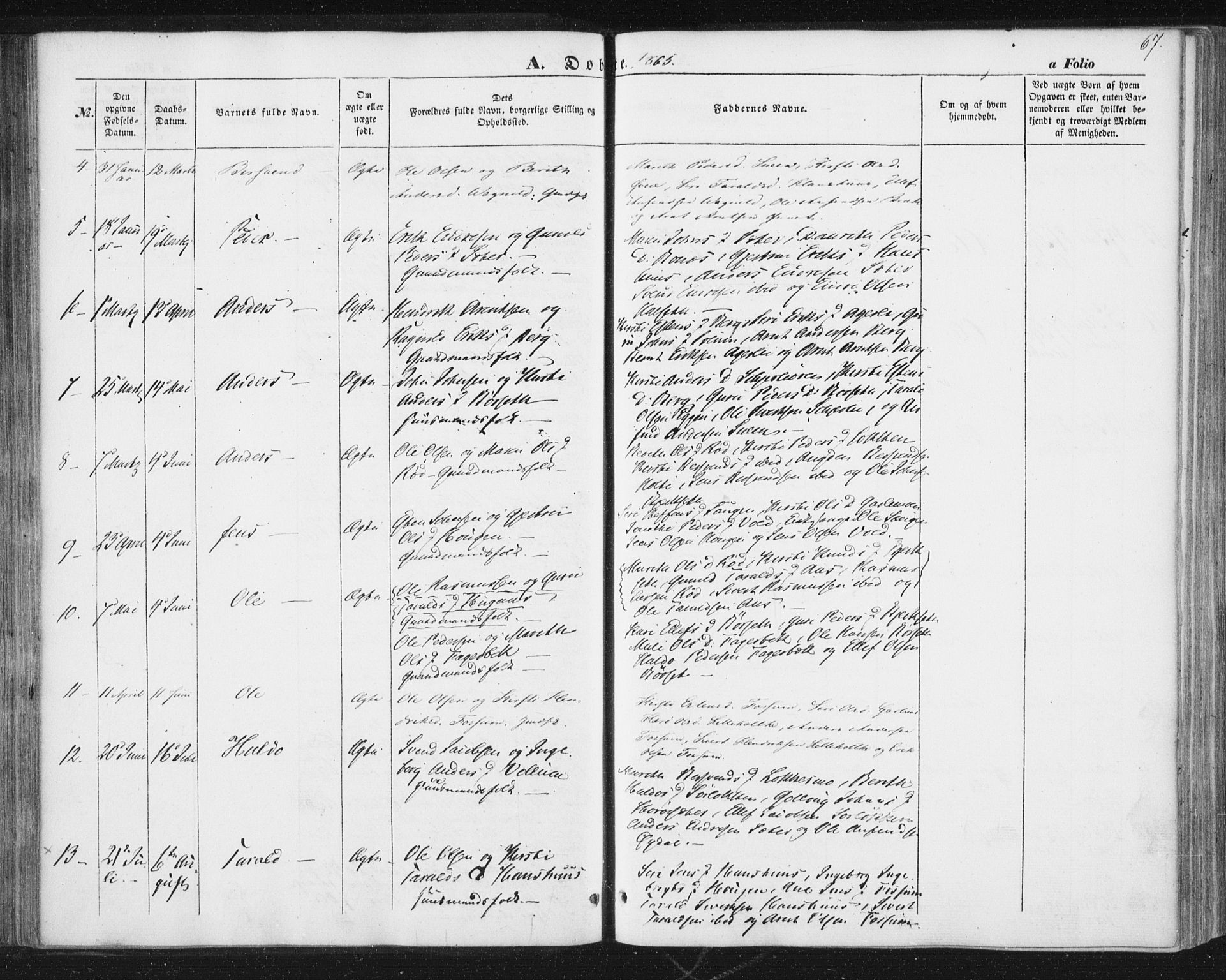 Ministerialprotokoller, klokkerbøker og fødselsregistre - Sør-Trøndelag, SAT/A-1456/689/L1038: Ministerialbok nr. 689A03, 1848-1872, s. 67