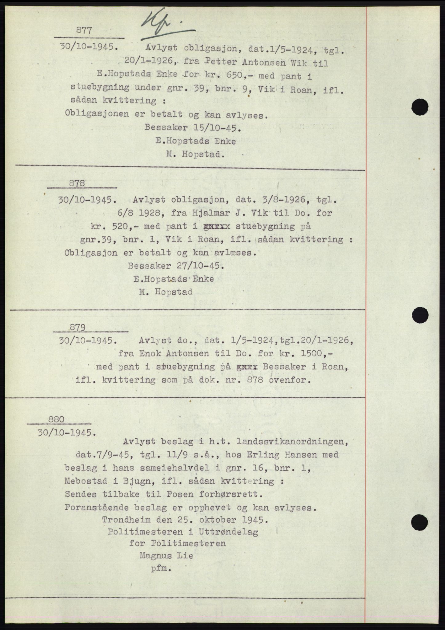 Fosen sorenskriveri, AV/SAT-A-1107/1/2/2C: Pantebok nr. B1, 1943-1946, Dagboknr: 877/1945
