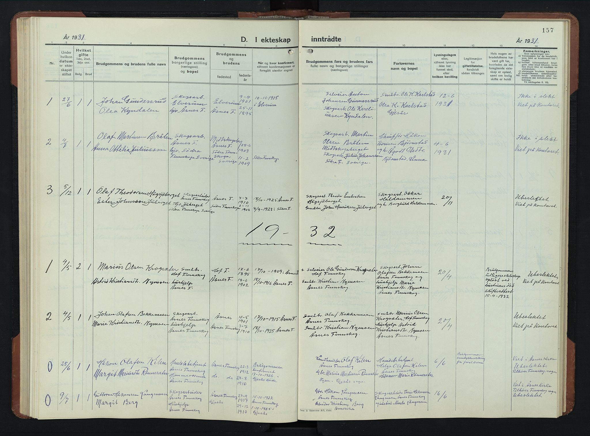 Åsnes prestekontor, SAH/PREST-042/H/Ha/Hab/L0009: Klokkerbok nr. 9, 1930-1954, s. 157