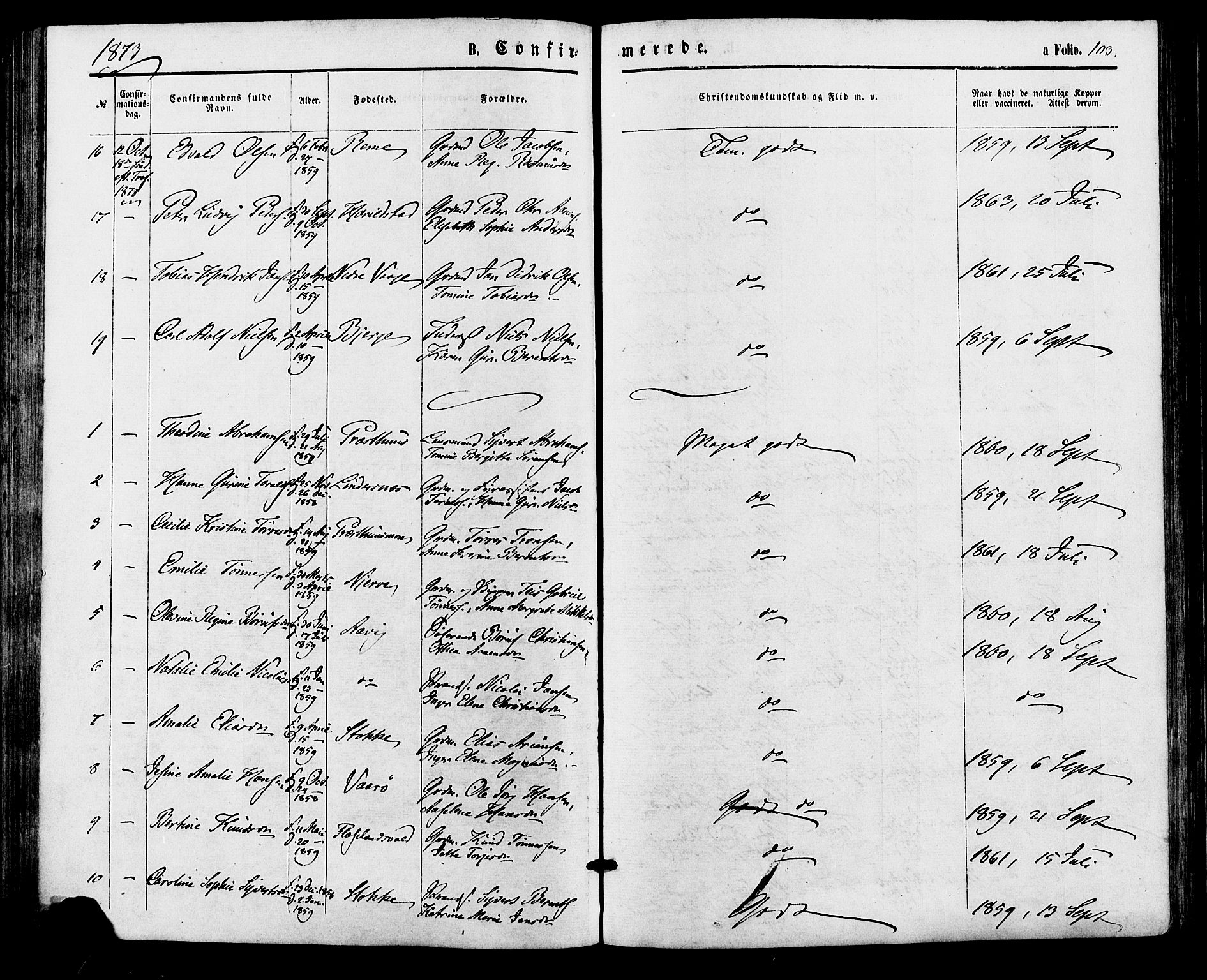 Sør-Audnedal sokneprestkontor, SAK/1111-0039/F/Fa/Faa/L0003: Ministerialbok nr. A 3, 1868-1883, s. 103