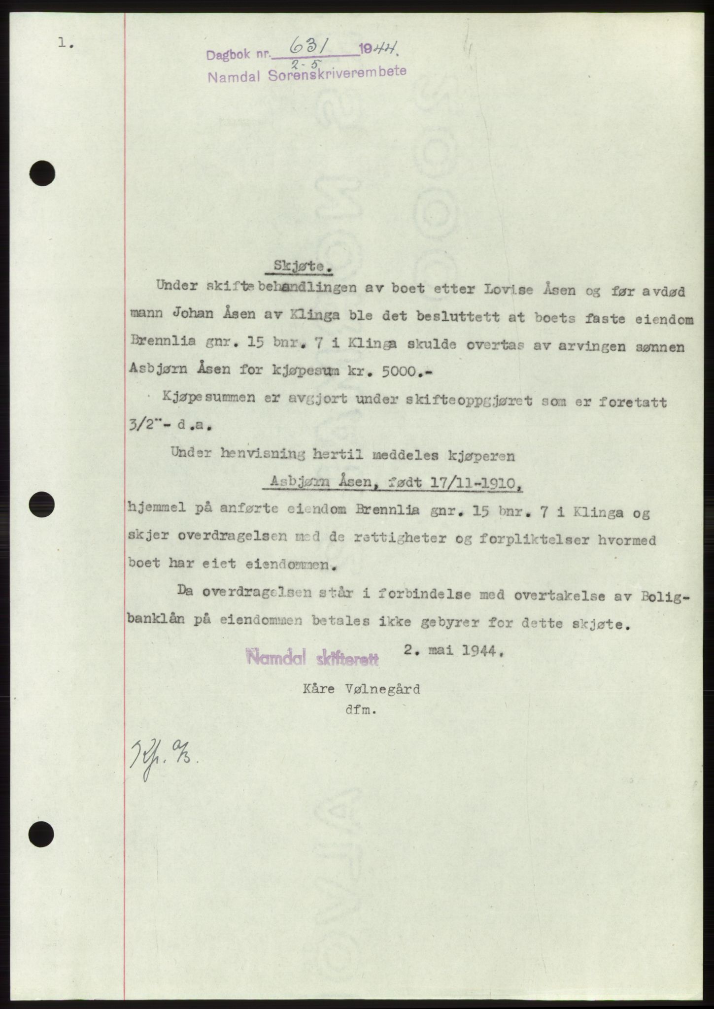 Namdal sorenskriveri, SAT/A-4133/1/2/2C: Pantebok nr. -, 1944-1945, Dagboknr: 631/1944