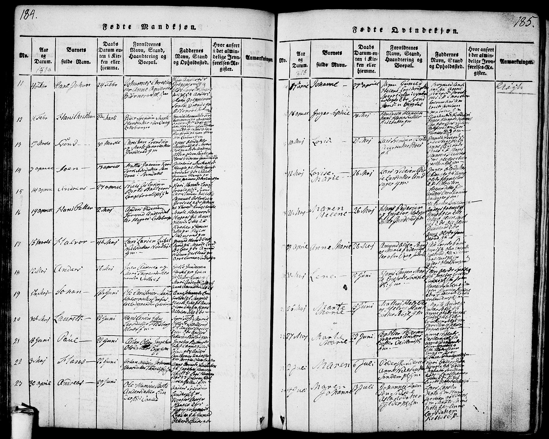 Våler prestekontor Kirkebøker, AV/SAO-A-11083/F/Fa/L0005: Ministerialbok nr. I 5, 1815-1839, s. 184-185