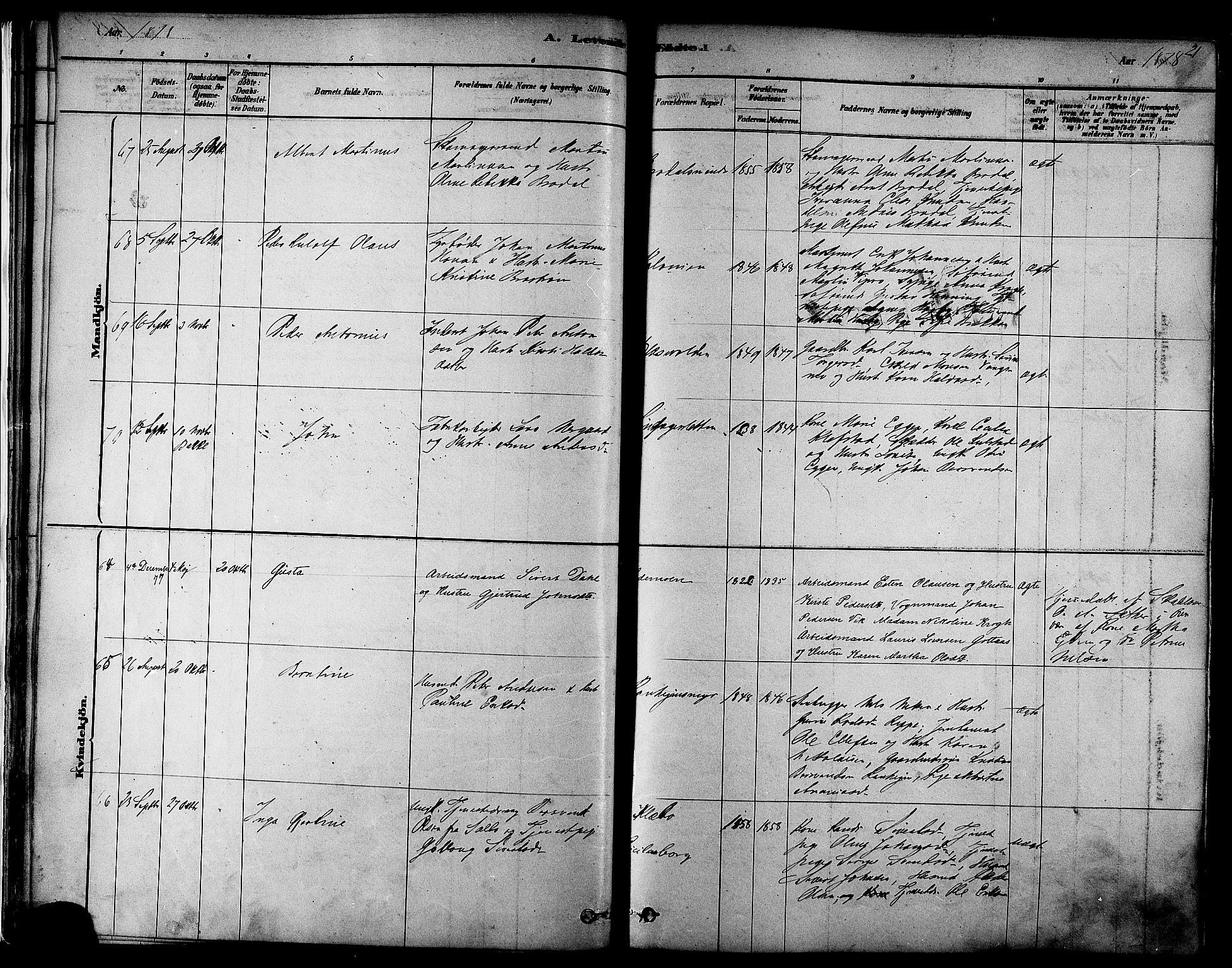Ministerialprotokoller, klokkerbøker og fødselsregistre - Sør-Trøndelag, SAT/A-1456/606/L0294: Ministerialbok nr. 606A09, 1878-1886, s. 21