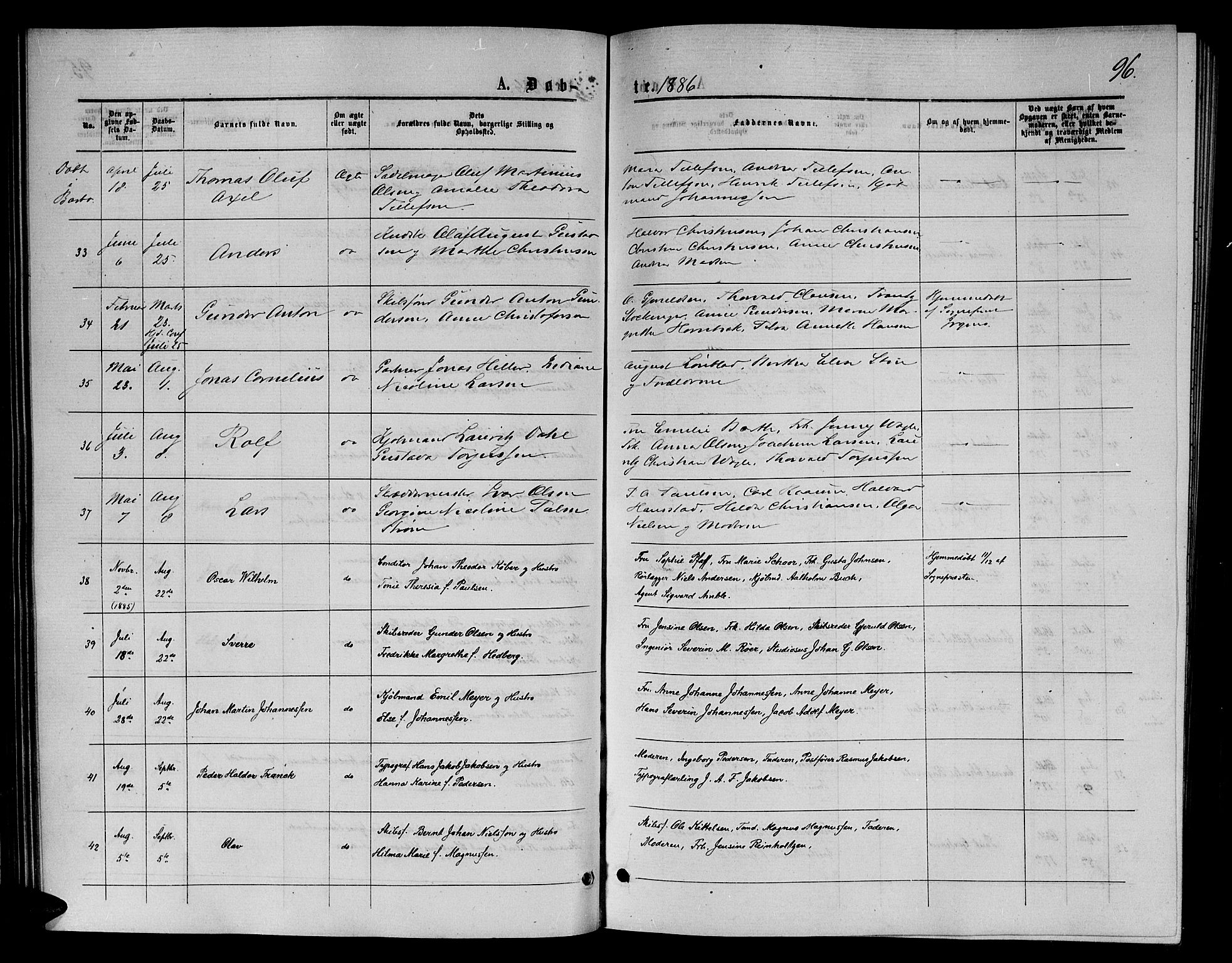 Arendal sokneprestkontor, Trefoldighet, AV/SAK-1111-0040/F/Fb/L0005: Klokkerbok nr. B 5, 1874-1888, s. 96