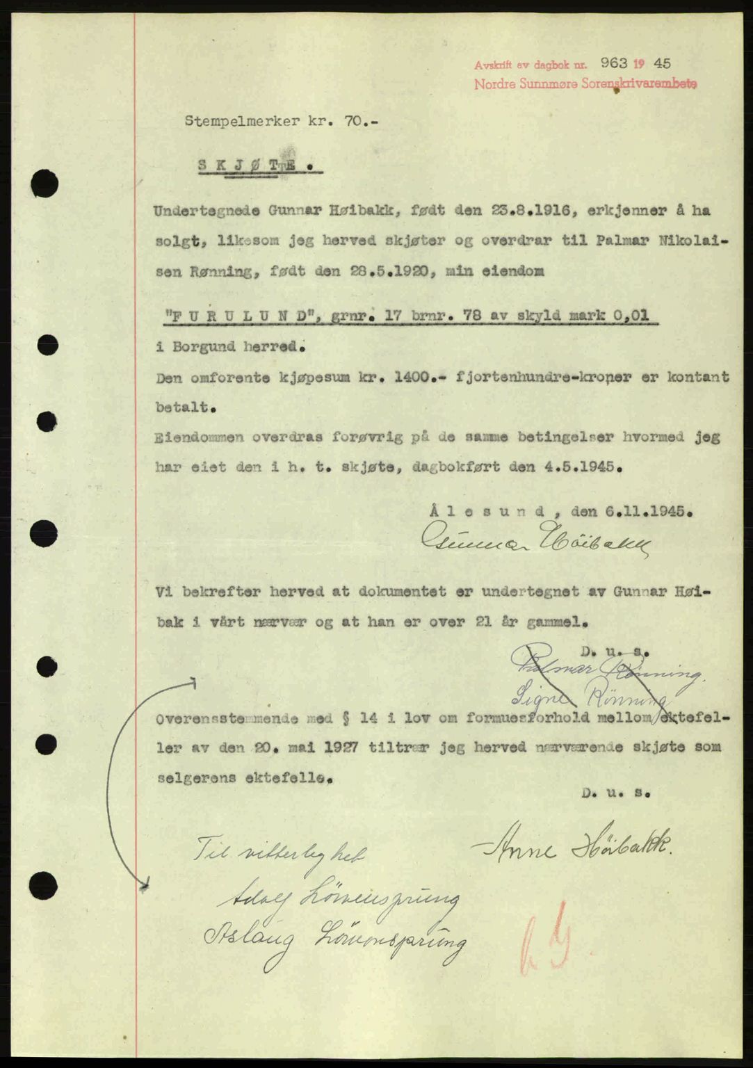 Nordre Sunnmøre sorenskriveri, AV/SAT-A-0006/1/2/2C/2Ca: Pantebok nr. A20a, 1945-1945, Dagboknr: 963/1945