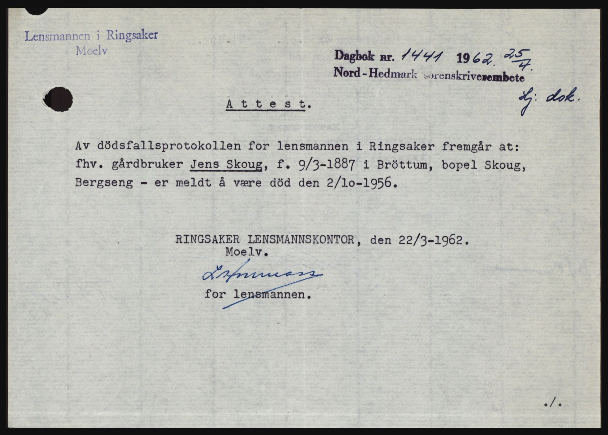 Nord-Hedmark sorenskriveri, SAH/TING-012/H/Hc/L0016: Pantebok nr. 16, 1962-1962, Dagboknr: 1441/1962