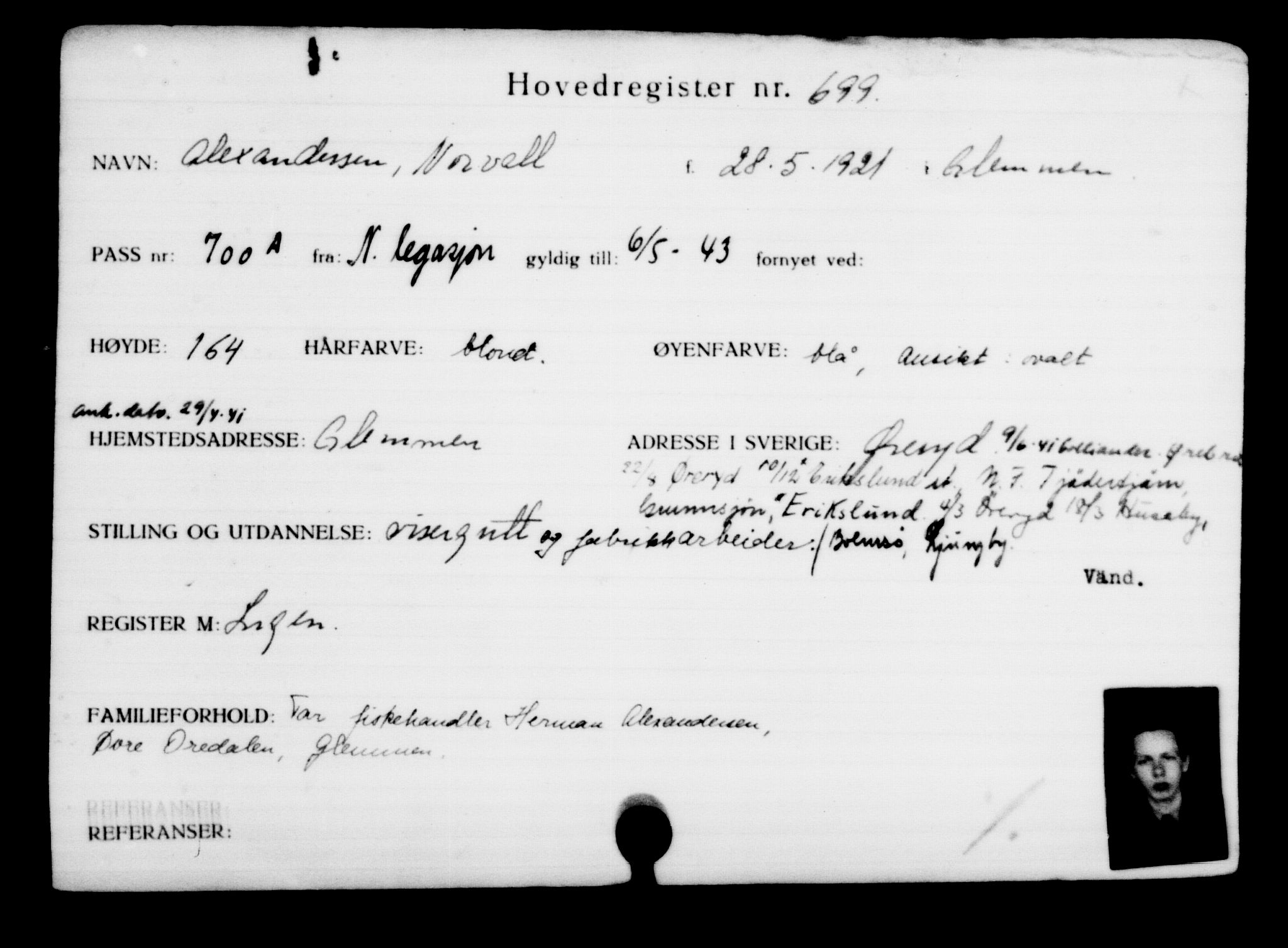 Utenriksstasjonene, Legasjonen i Stockholm, Flyktningkontoret, AV/RA-S-6753/V/Va/L0001: Kjesäterkartoteket, flyktninger med registreringsnr. 1-1000, 1940-1945, s. 1095
