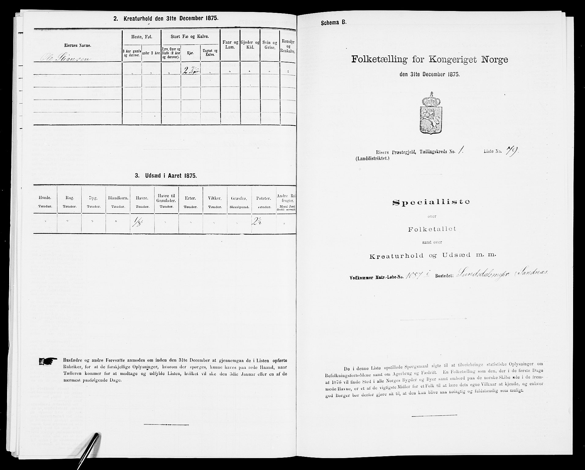 SAK, Folketelling 1875 for 0913L Risør prestegjeld, Søndeled sokn, 1875, s. 208