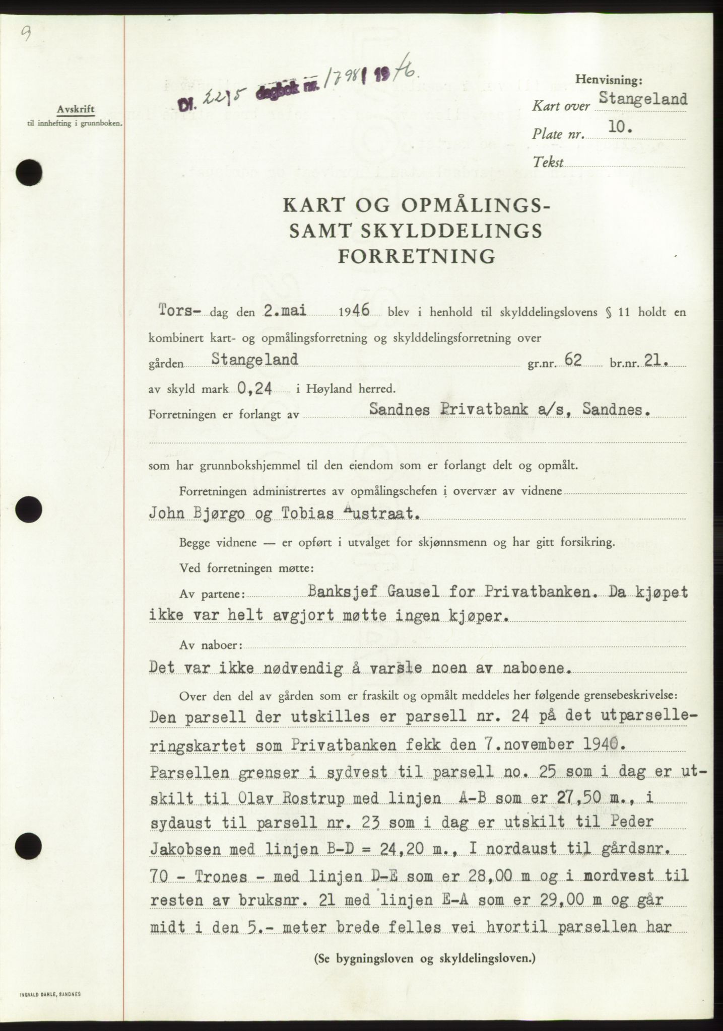 Jæren sorenskriveri, SAST/A-100310/03/G/Gba/L0090: Pantebok, 1946-1946, Dagboknr: 1798/1946