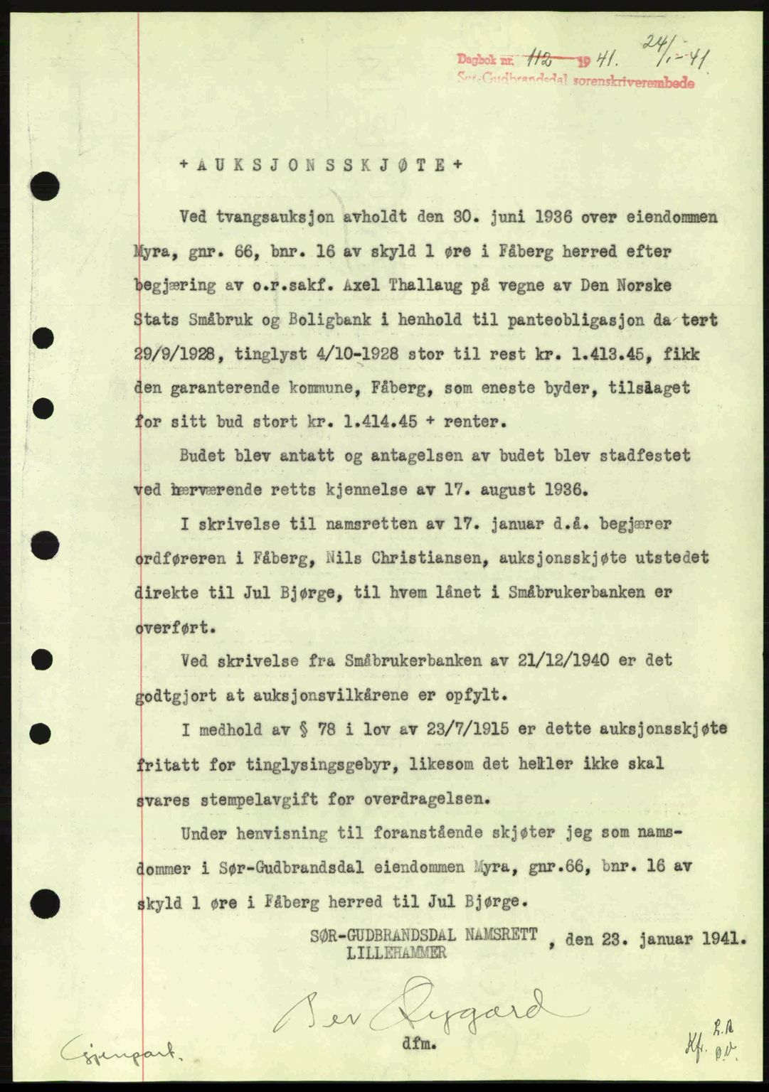 Sør-Gudbrandsdal tingrett, SAH/TING-004/H/Hb/Hbd/L0008: Pantebok nr. A8, 1940-1941, Dagboknr: 112/1941
