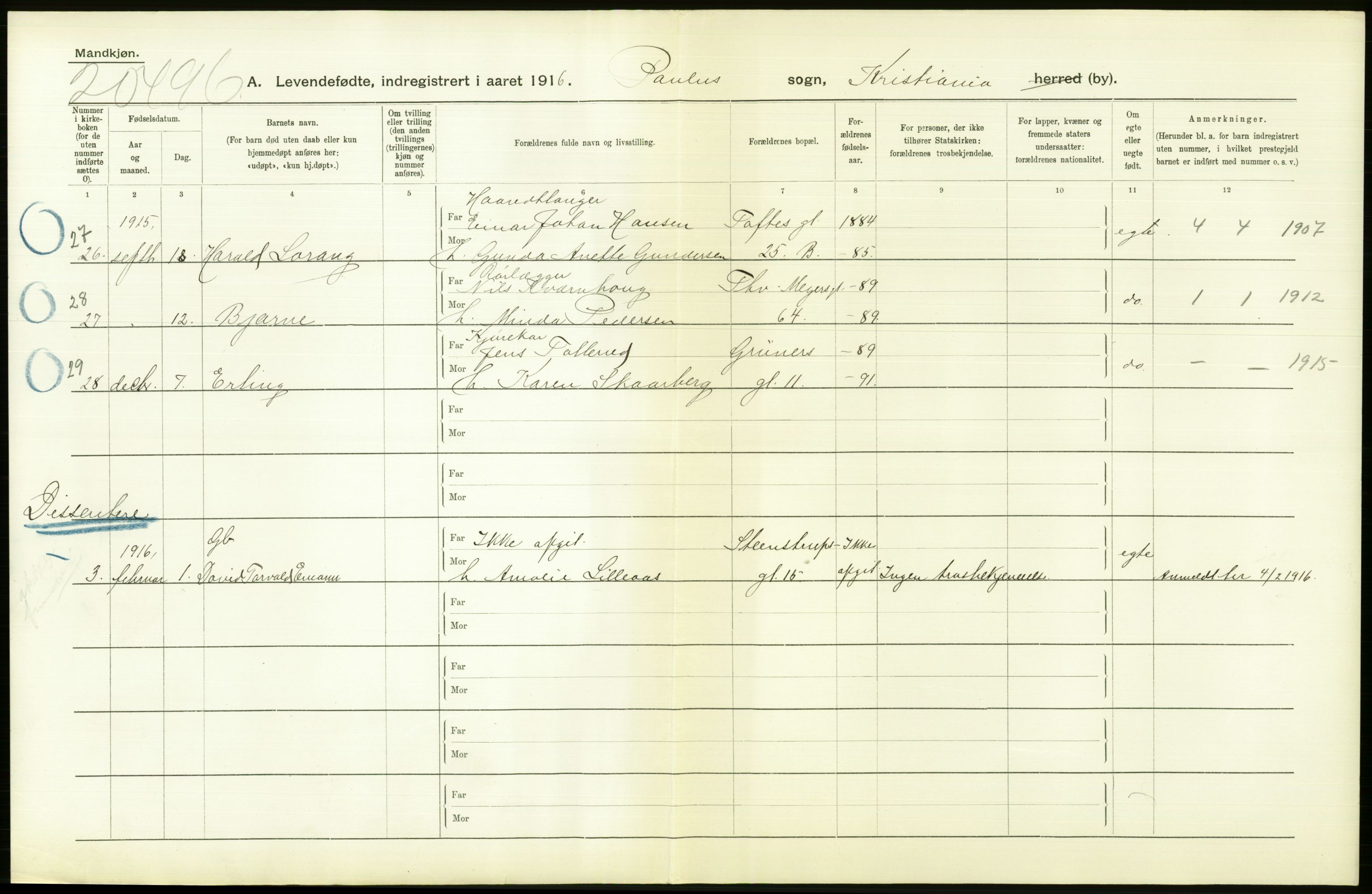 Statistisk sentralbyrå, Sosiodemografiske emner, Befolkning, RA/S-2228/D/Df/Dfb/Dfbf/L0006: Kristiania: Levendefødte menn og kvinner., 1916, s. 402