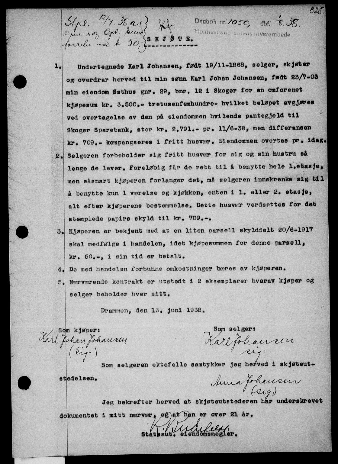 Holmestrand sorenskriveri, SAKO/A-67/G/Ga/Gaa/L0049: Pantebok nr. A-49, 1937-1938, Dagboknr: 1050/1938