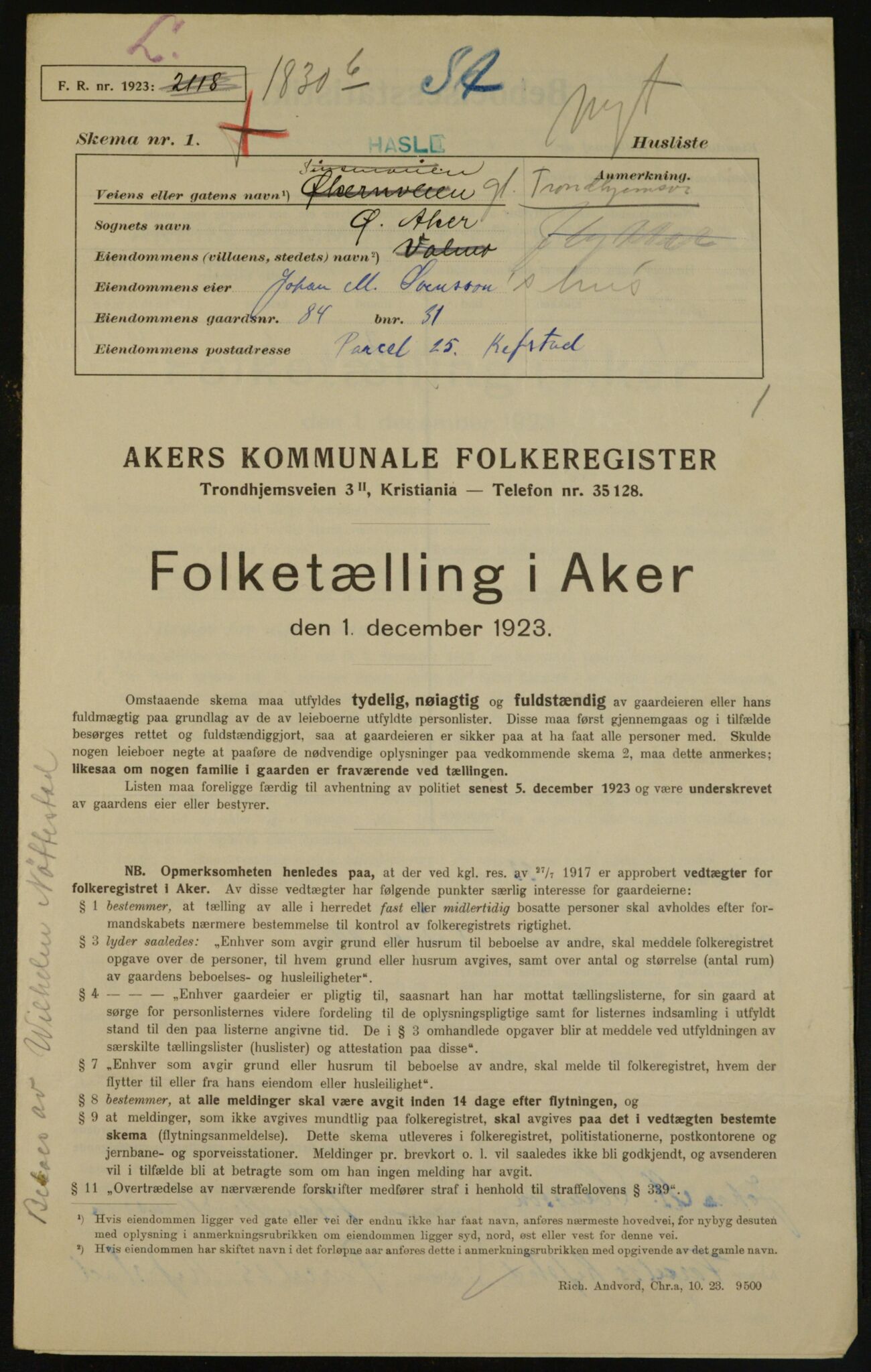 , Kommunal folketelling 1.12.1923 for Aker, 1923, s. 34156