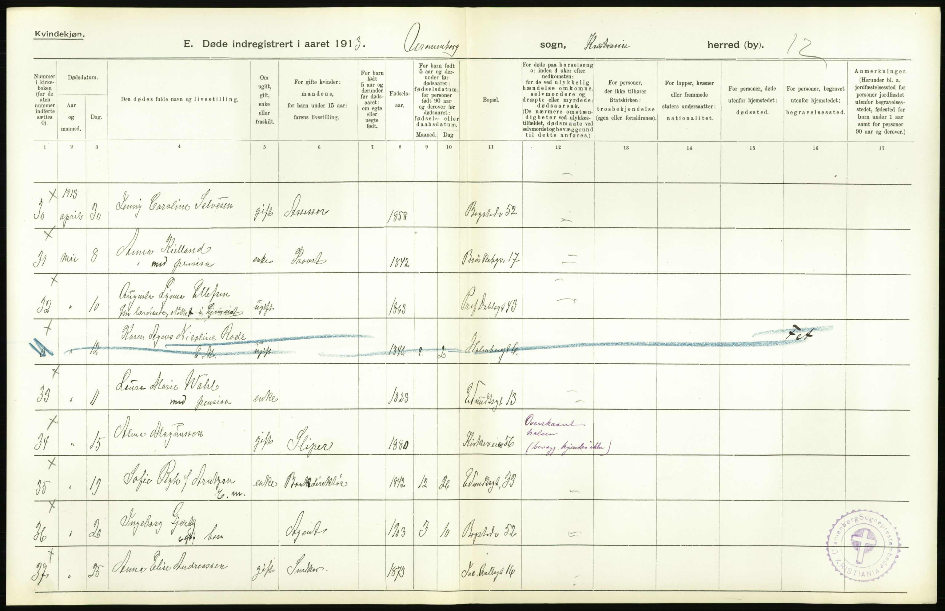 Statistisk sentralbyrå, Sosiodemografiske emner, Befolkning, AV/RA-S-2228/D/Df/Dfb/Dfbc/L0009: Kristiania: Døde., 1913, s. 18