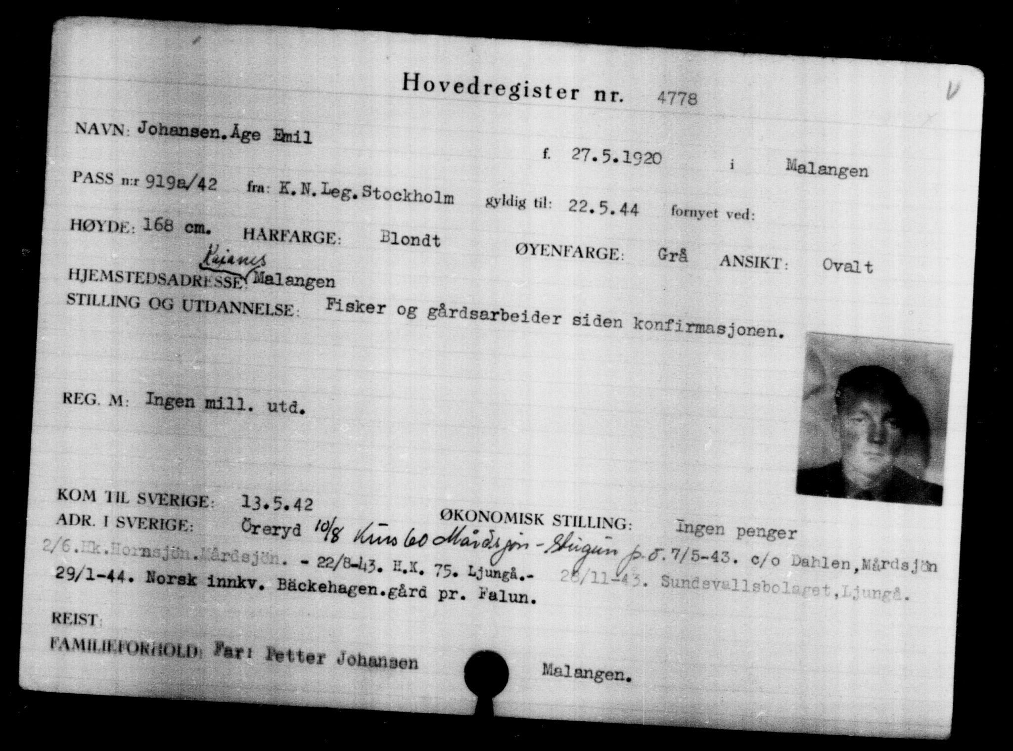 Utenriksstasjonene, Legasjonen i Stockholm, Flyktningkontoret, AV/RA-S-6753/V/Va/L0004: Kjesäterkartoteket, flyktninger med registreringsnr. 3496-6610, 1940-1945, s. 1514