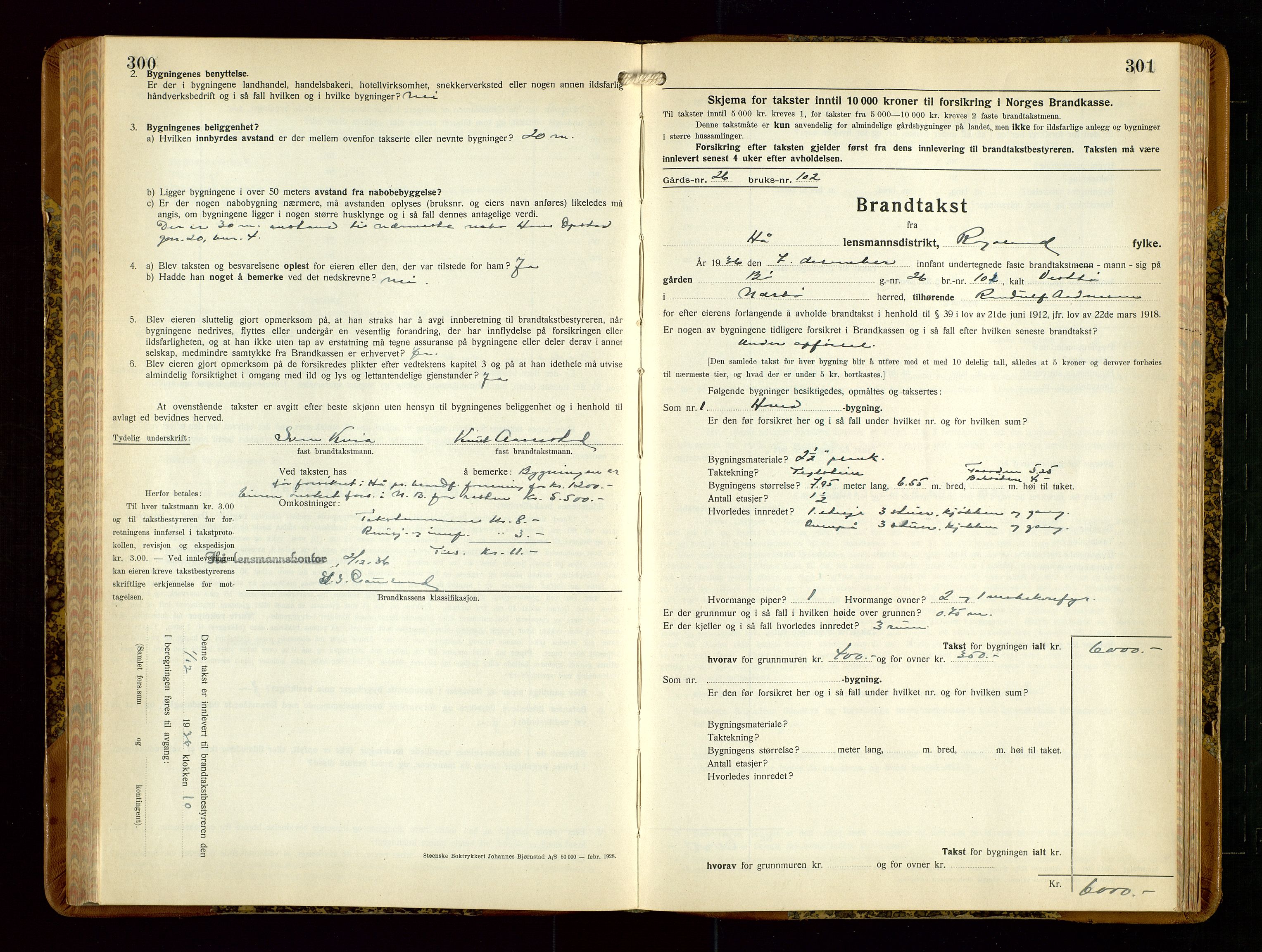 Hå lensmannskontor, AV/SAST-A-100456/Goa/L0006: Takstprotokoll (skjema), 1932-1938, s. 300-301