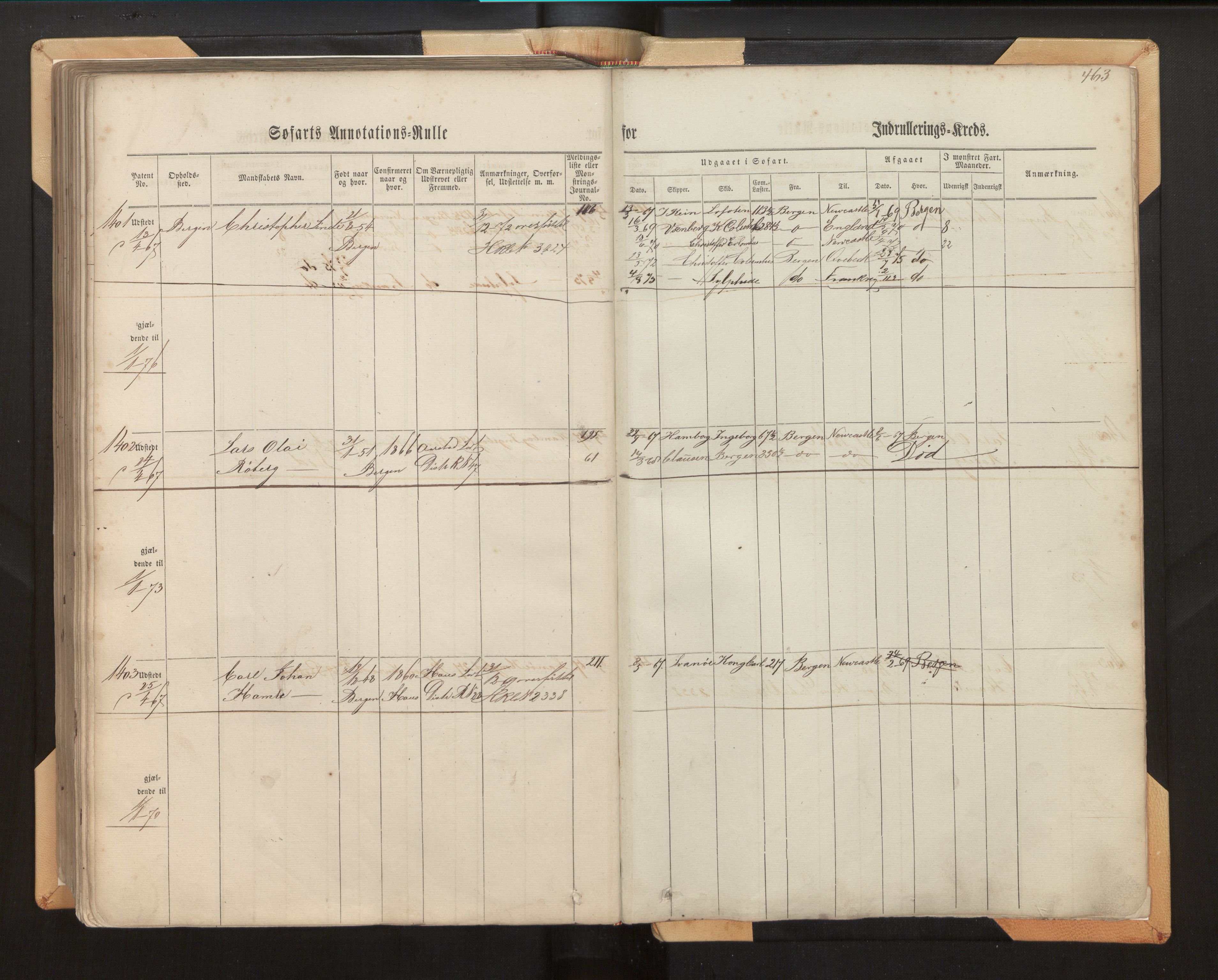 Innrulleringssjefen i Bergen, AV/SAB-A-100050/F/Fh/L0006: Sjøfarts- og annotasjonsrulle for Bergen krets, fol. 239 - ut, 1860-1867, s. 463